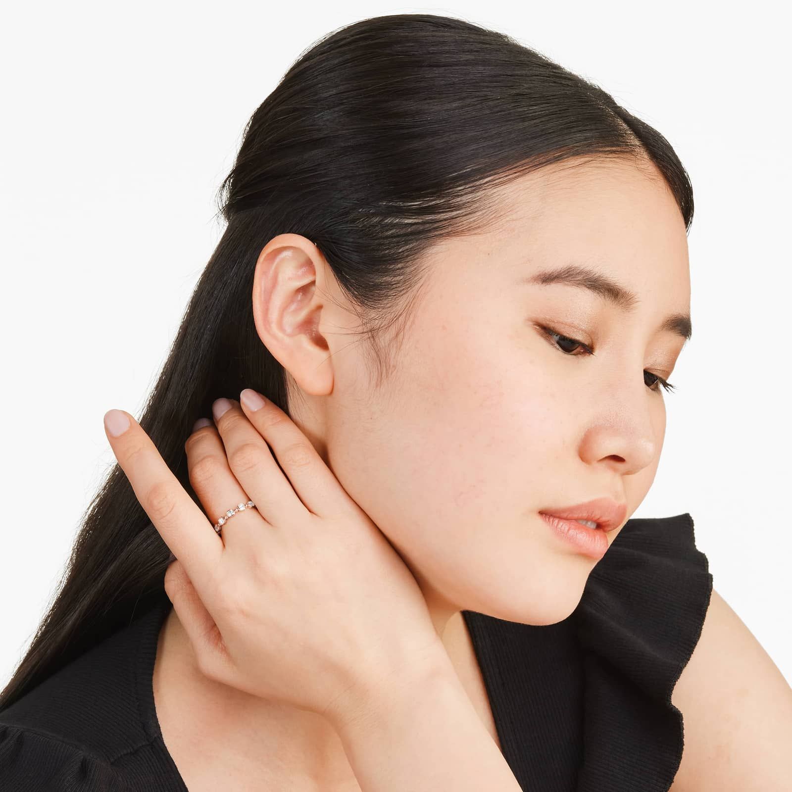 Alternating Bead And Asscher Cut Bezel Set Diamond Ring In 14K Rose Gold