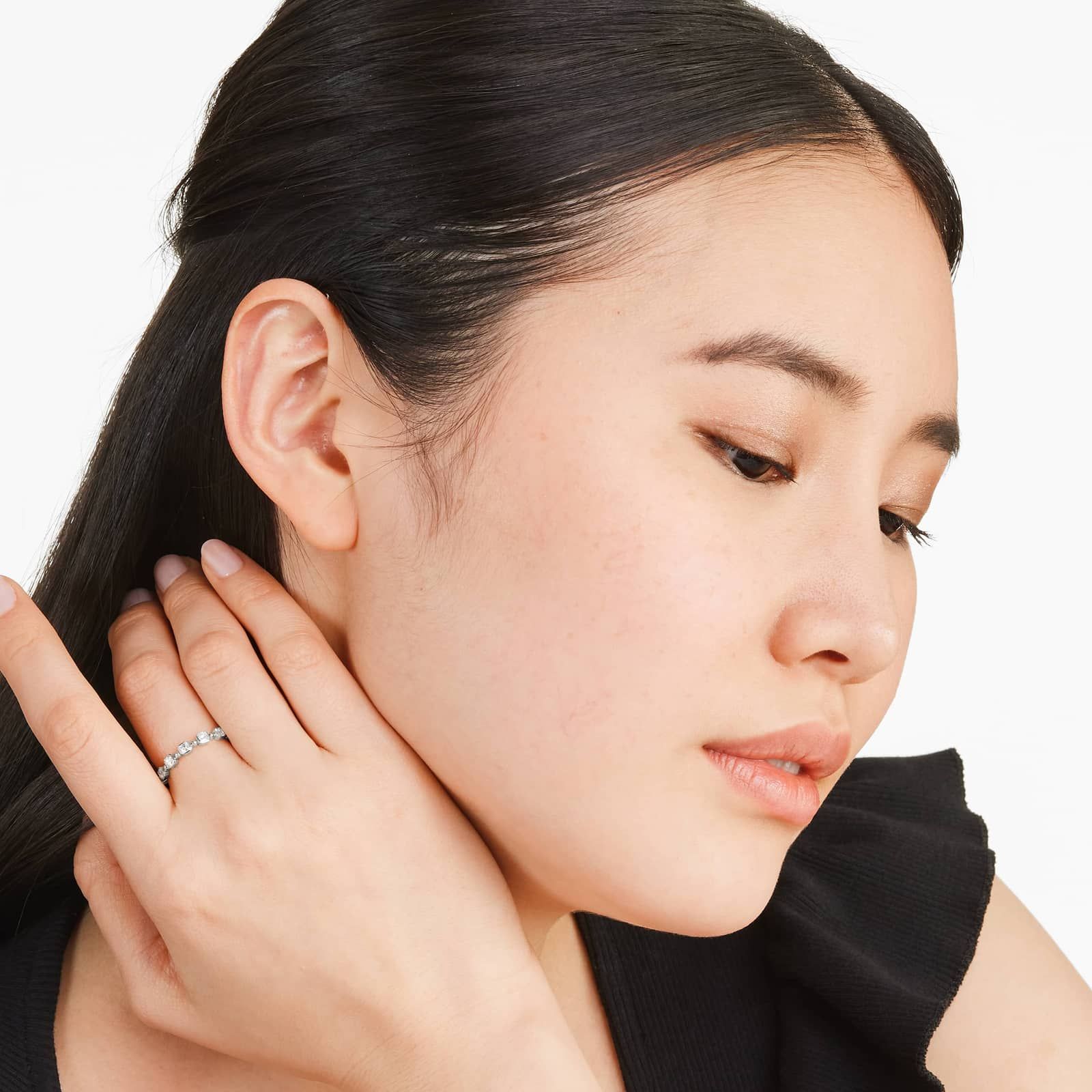 Alternating Bead And Asscher Cut Bezel Set Diamond Ring In 14K White Gold