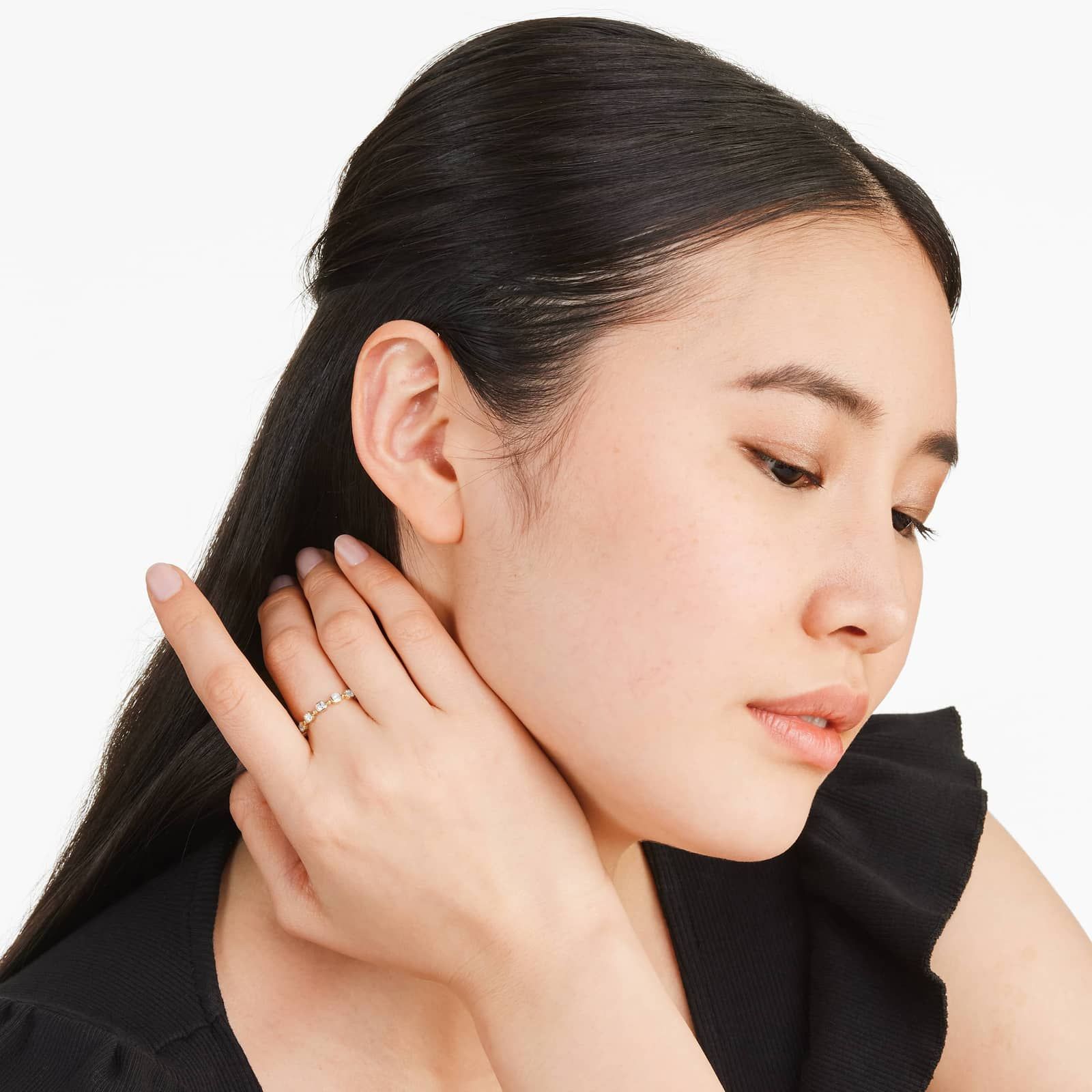 Alternating Bead And Asscher Cut Bezel Set Diamond Ring In 14K Yellow Gold