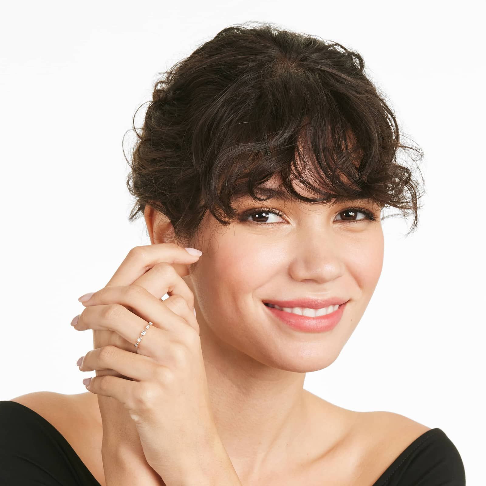 Alternating Bead And Emerald Cut Bezel Set Diamond Ring In 14K Rose Gold