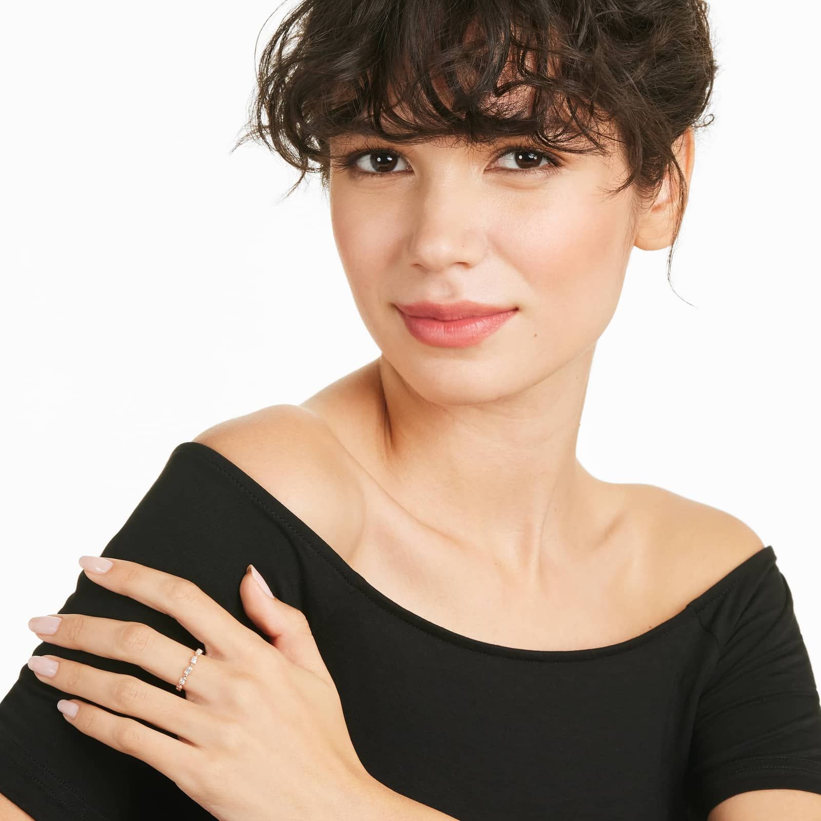 Alternating Bead And Emerald Cut Bezel Set Diamond Ring In 14K Rose Gold