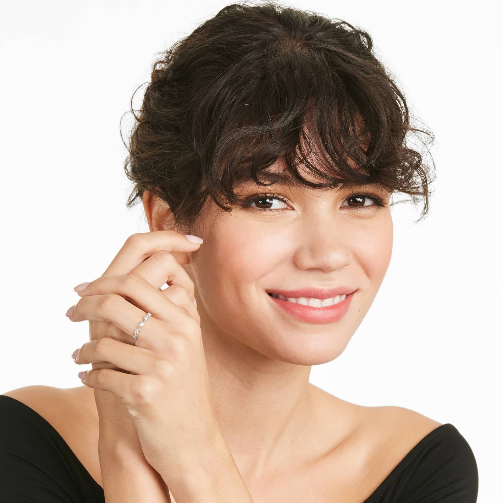 Alternating Bead And Emerald Cut Bezel Set Diamond Ring In 14K White Gold