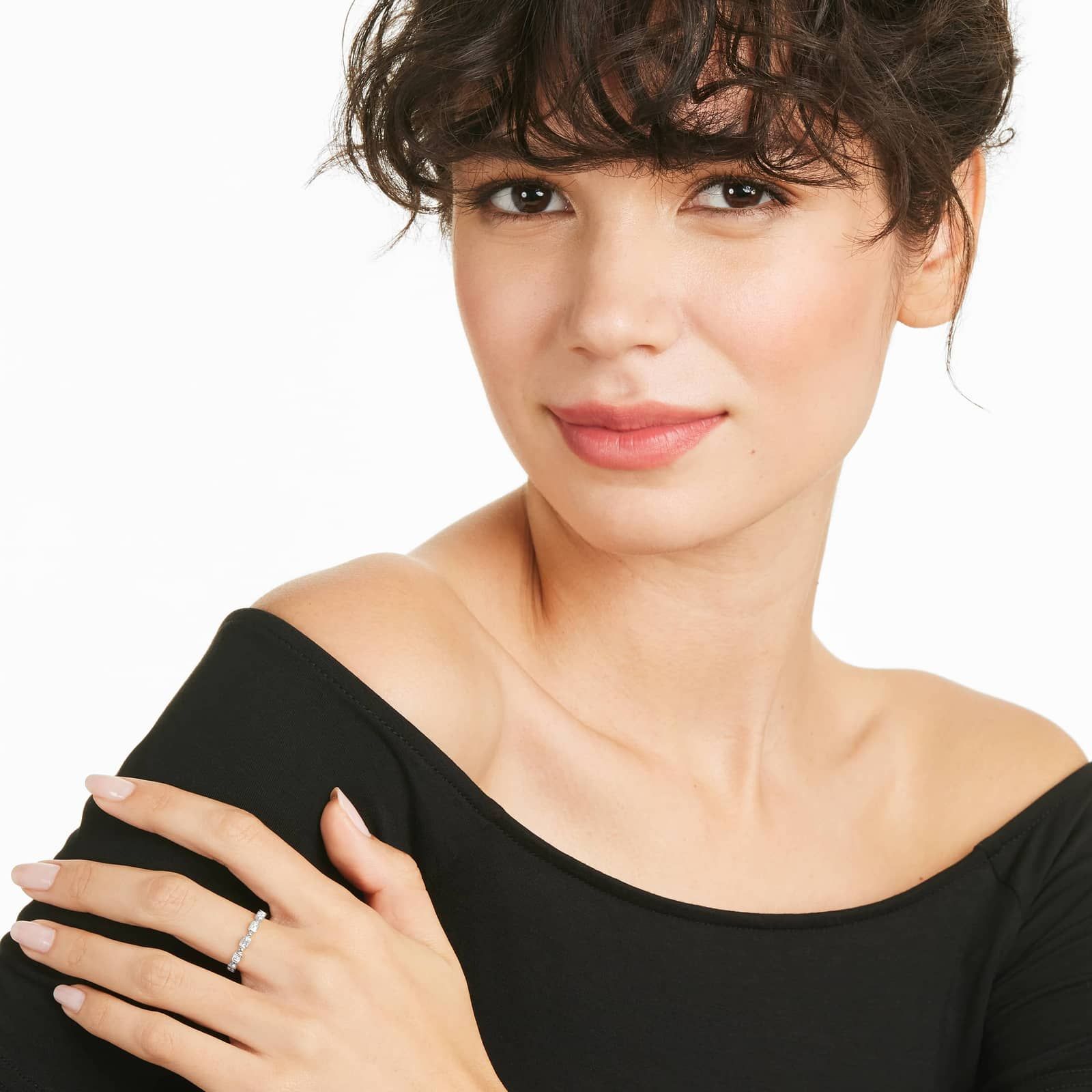 Alternating Bead And Emerald Cut Bezel Set Diamond Ring In 14K White Gold