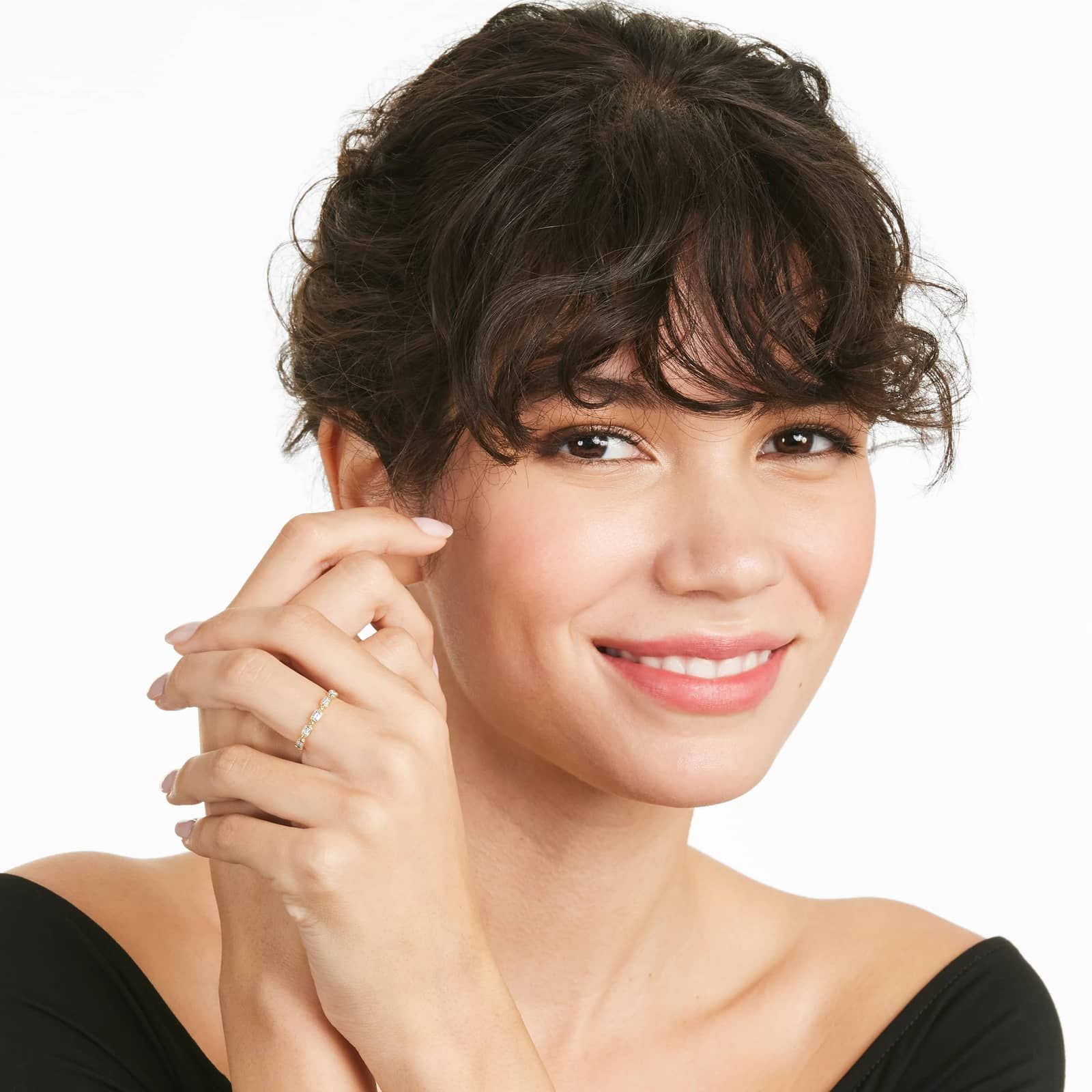 Alternating Bead And Emerald Cut Bezel Set Diamond Ring In 14K Yellow Gold