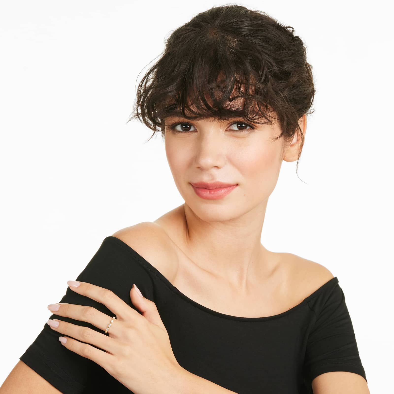 Alternating Bead And Emerald Cut Bezel Set Diamond Ring In 14K Yellow Gold