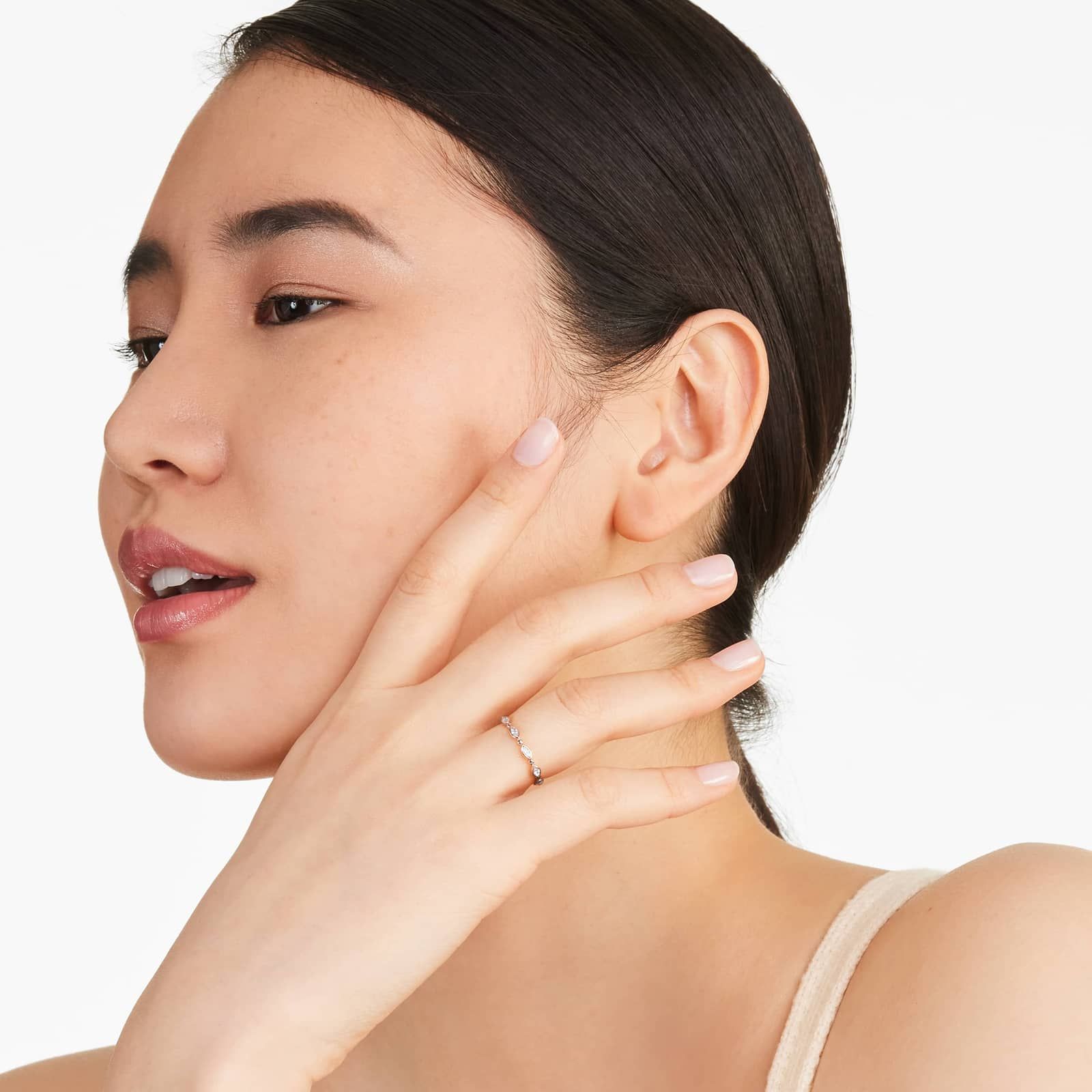 Alternating Bead And Marquise Cut Bezel Set Diamond Ring In 14K Rose Gold