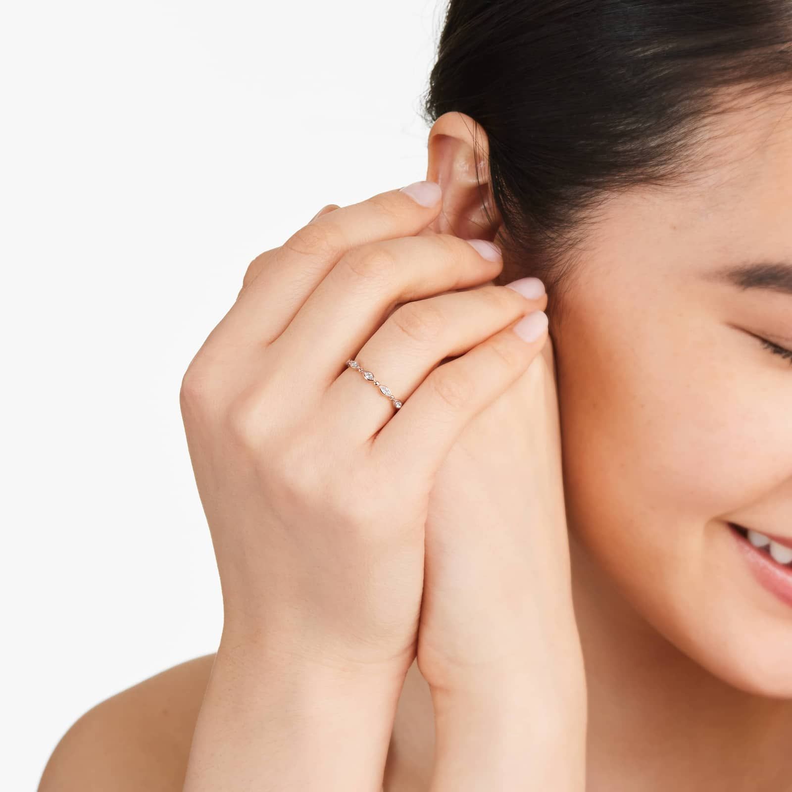 Alternating Bead And Marquise Cut Bezel Set Diamond Ring In 14K Rose Gold