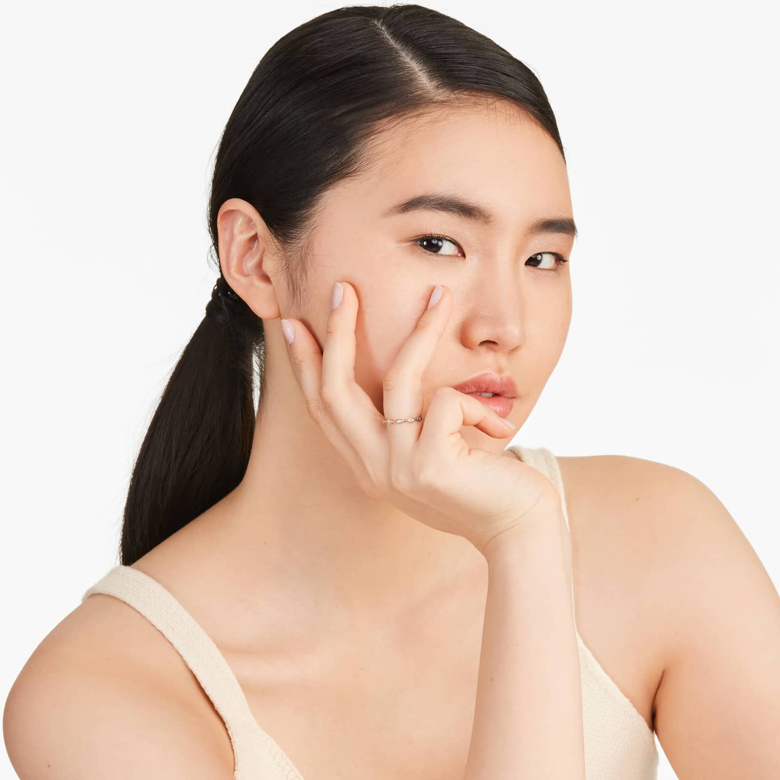 Alternating Bead And Marquise Cut Bezel Set Diamond Ring In 14K Rose Gold