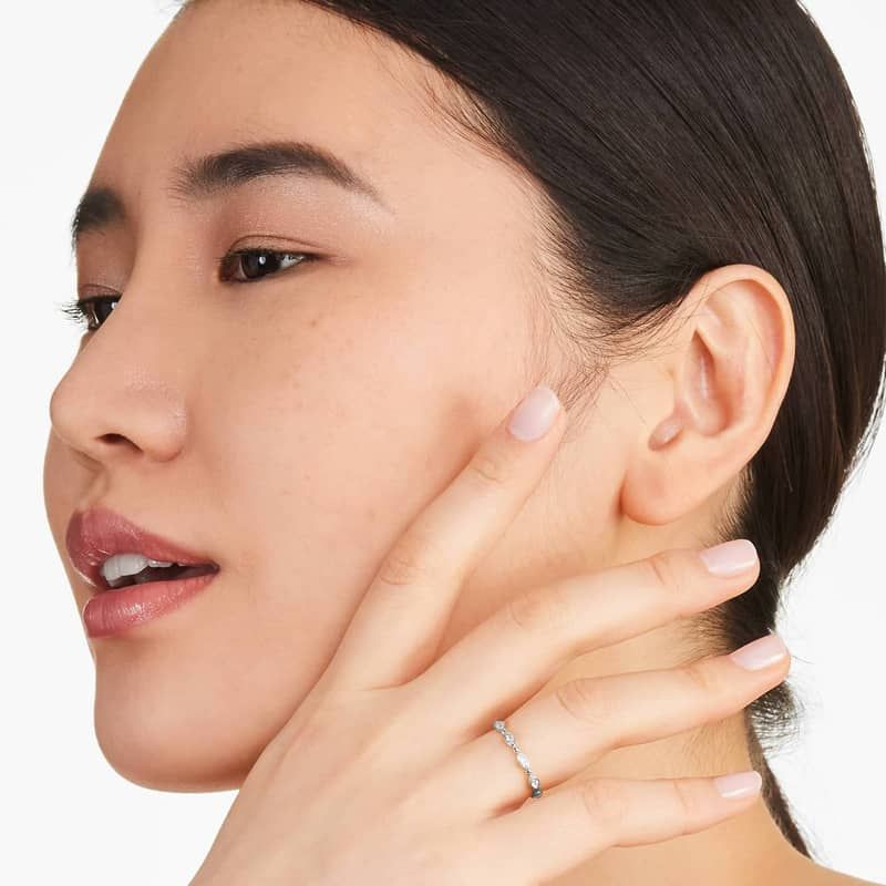 Alternating Bead And Marquise Cut Bezel Set Diamond Ring In 14K White Gold