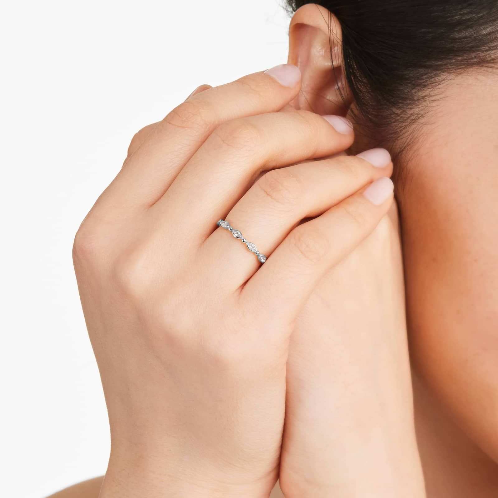 Alternating Bead And Marquise Cut Bezel Set Diamond Ring In 14K White Gold