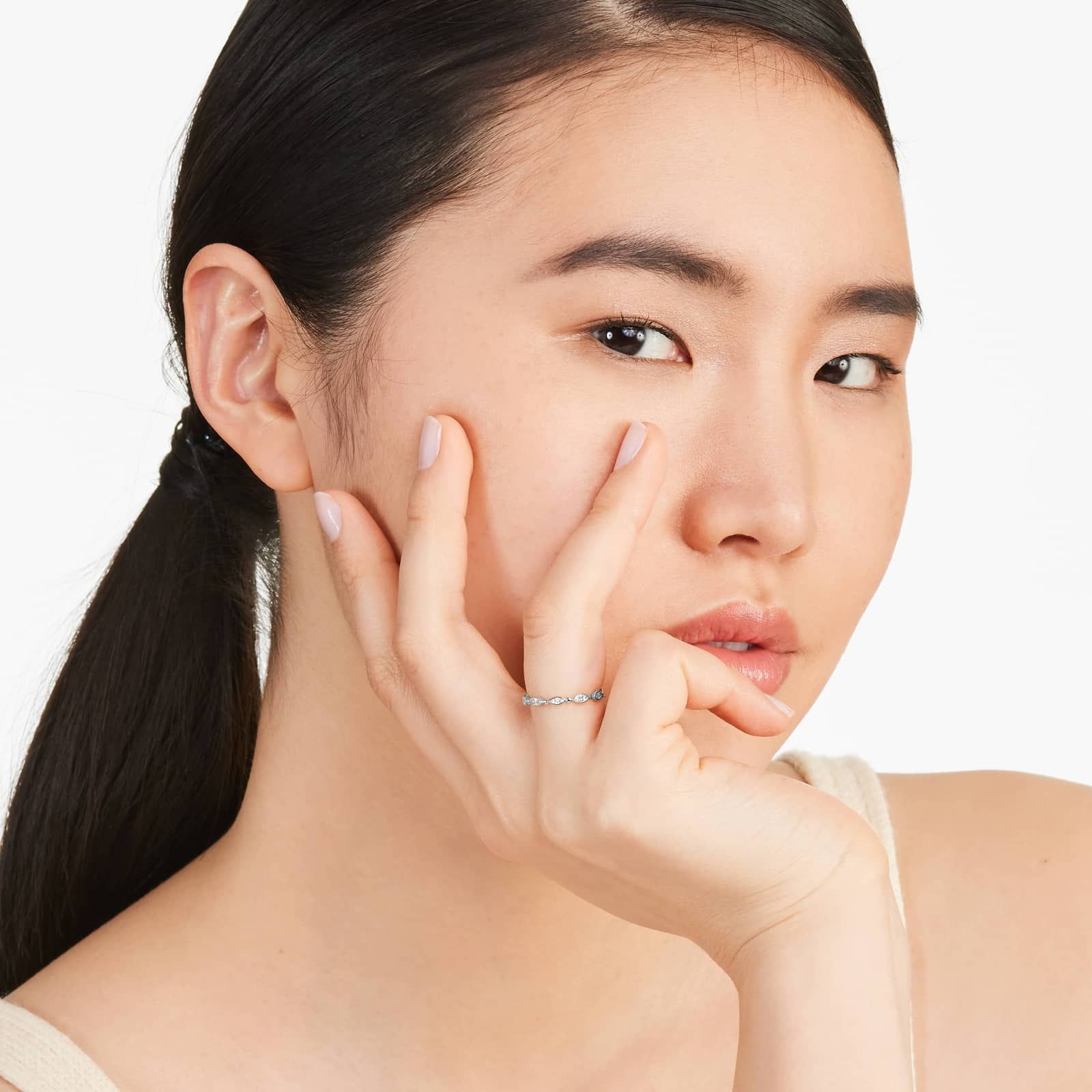 Alternating Bead And Marquise Cut Bezel Set Diamond Ring In 14K White Gold