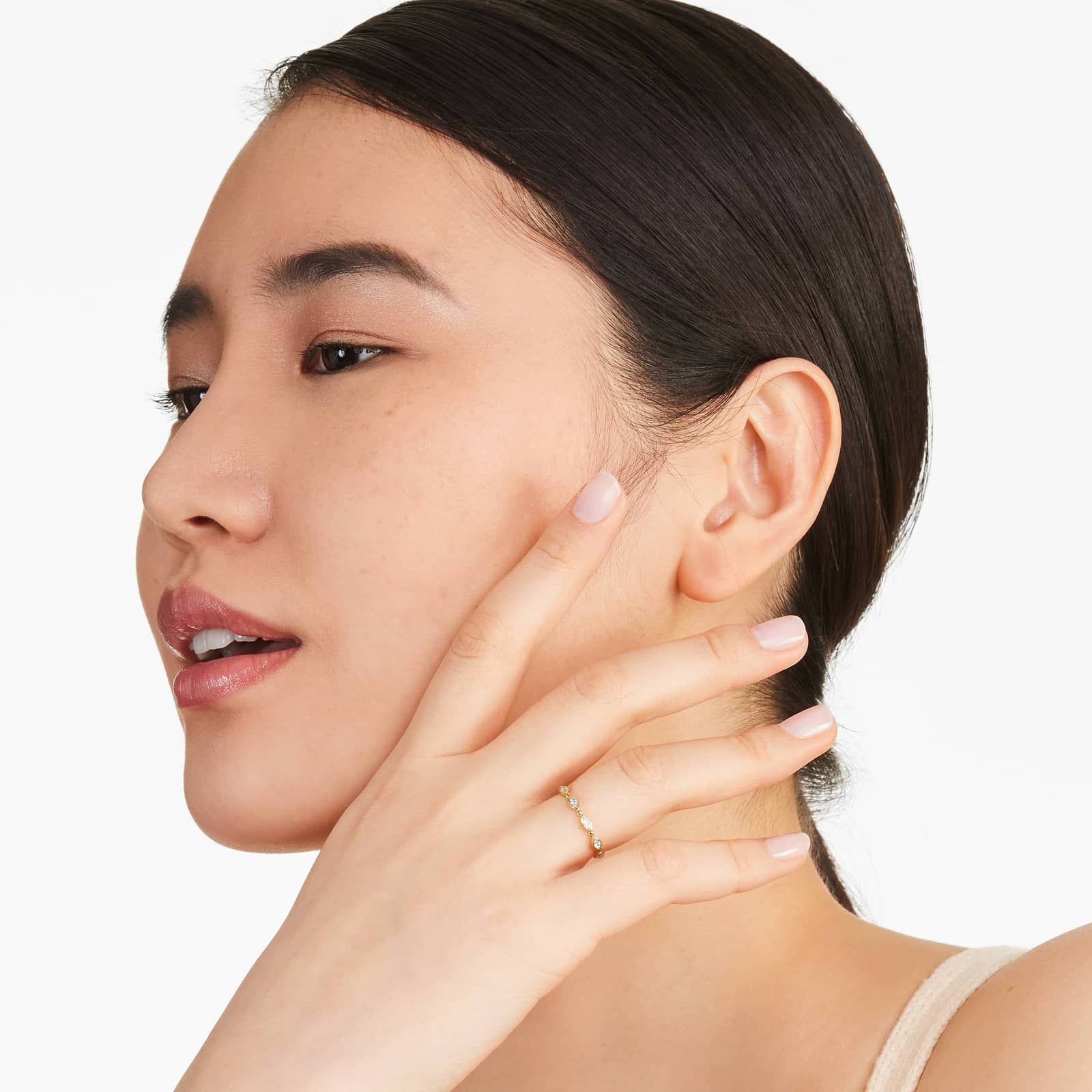 Alternating Bead And Marquise Cut Bezel Set Diamond Ring In 14K Yellow Gold