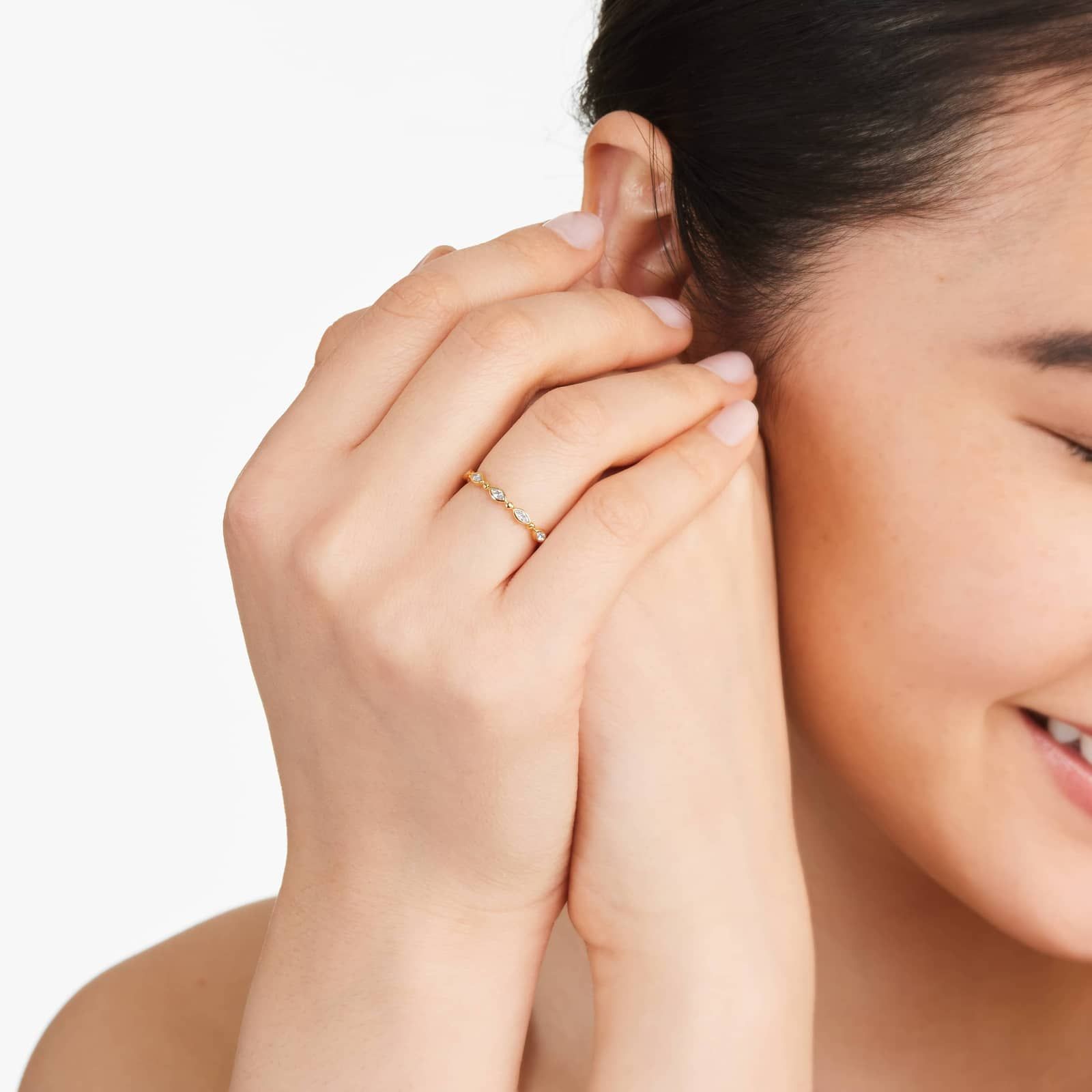 Alternating Bead And Marquise Cut Bezel Set Diamond Ring In 14K Yellow Gold