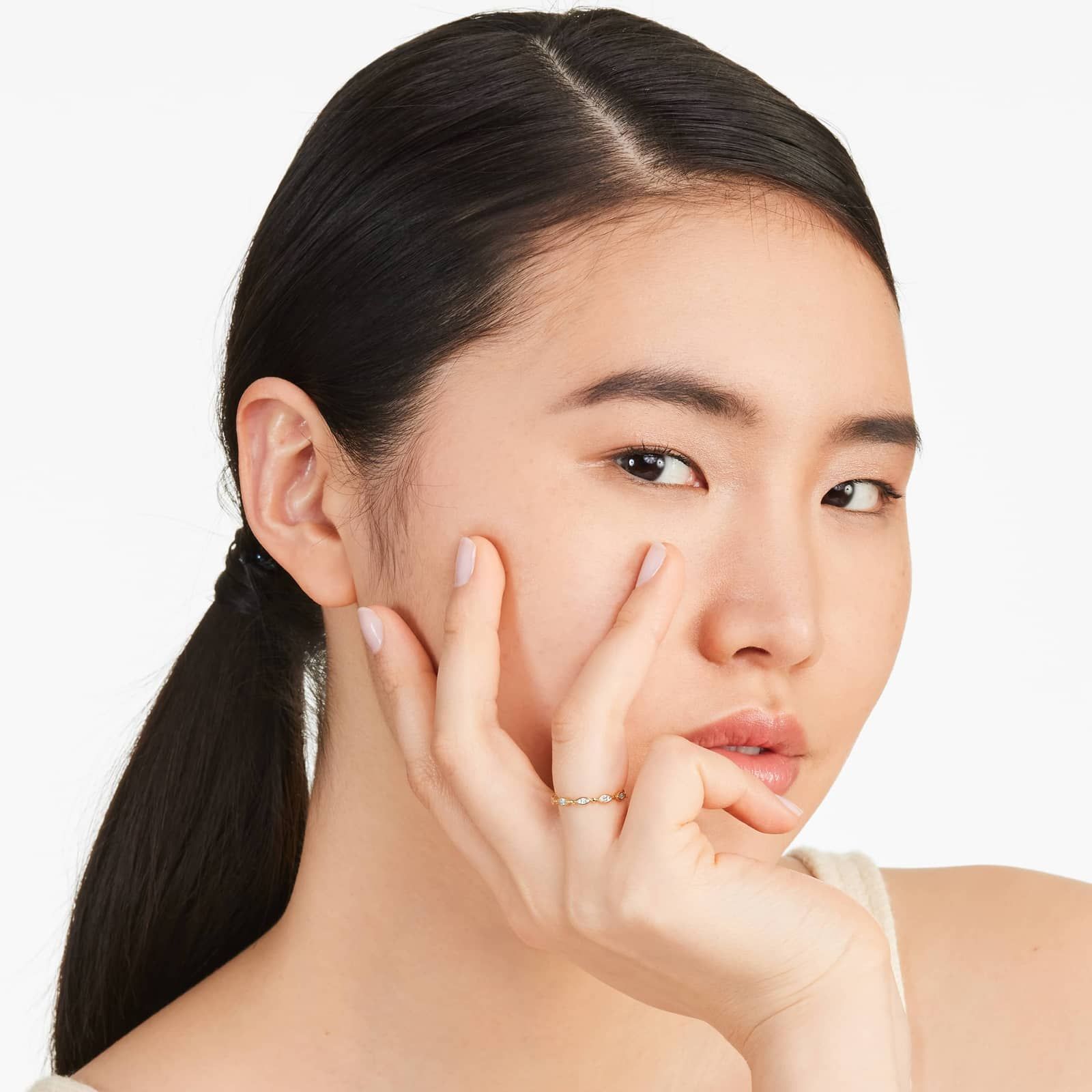 Alternating Bead And Marquise Cut Bezel Set Diamond Ring In 14K Yellow Gold