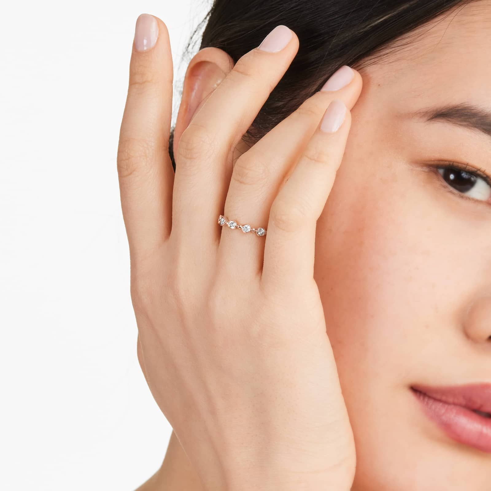 Alternating Bead And Round Bezel Set Diamond Ring In 14K Rose Gold