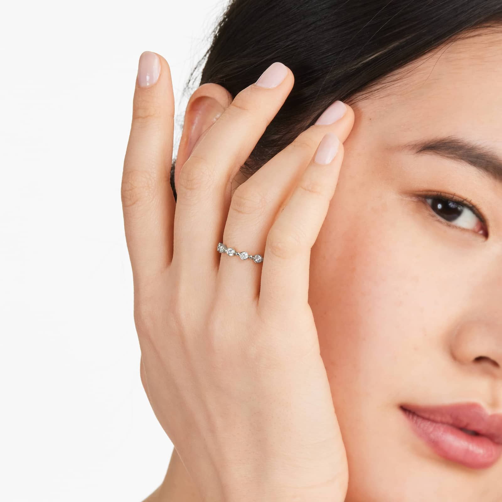 Alternating Bead And Round Bezel Set Diamond Ring In 14K White Gold