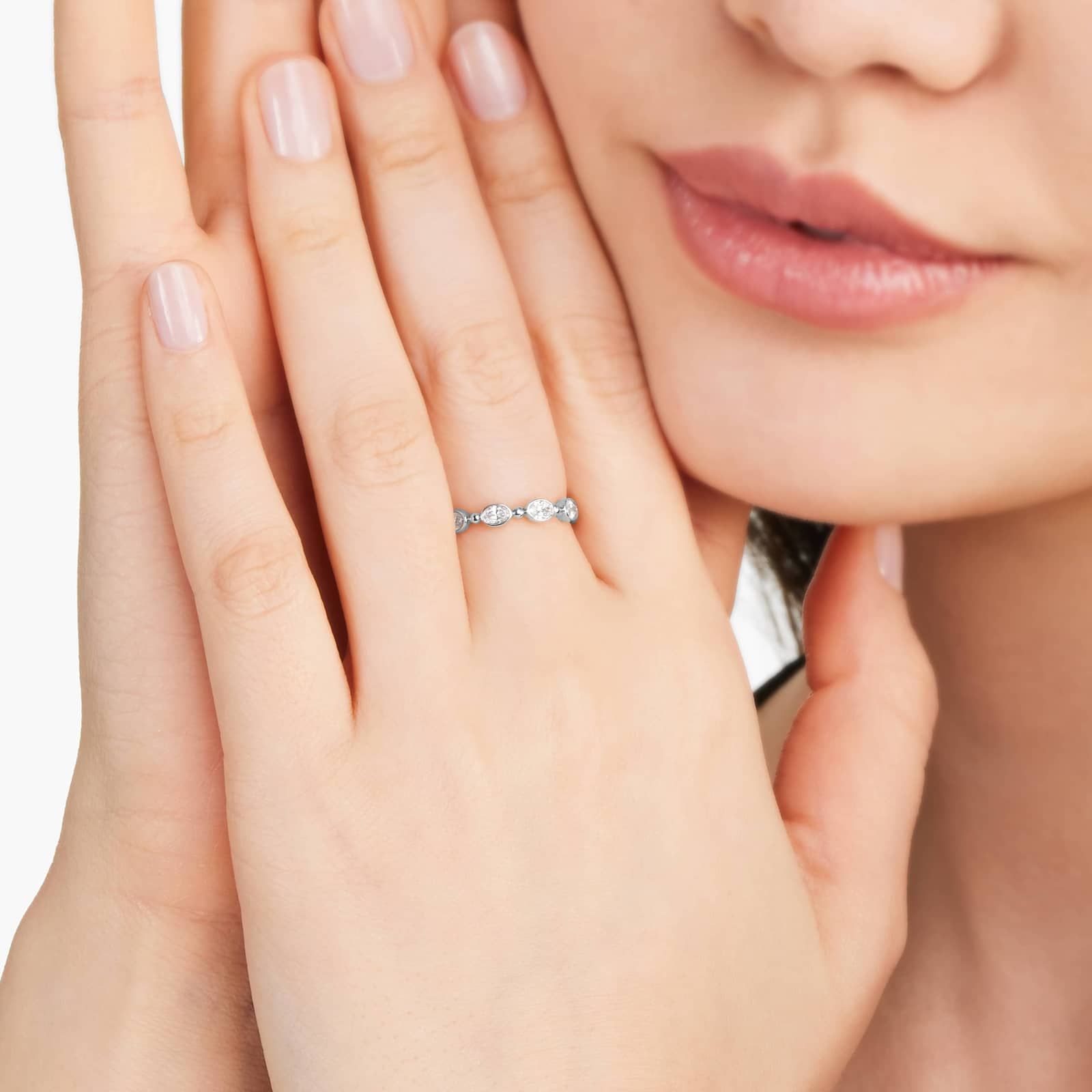 Alternating Bead And Oval Cut Bezel Set Diamond Ring In 14K White Gold