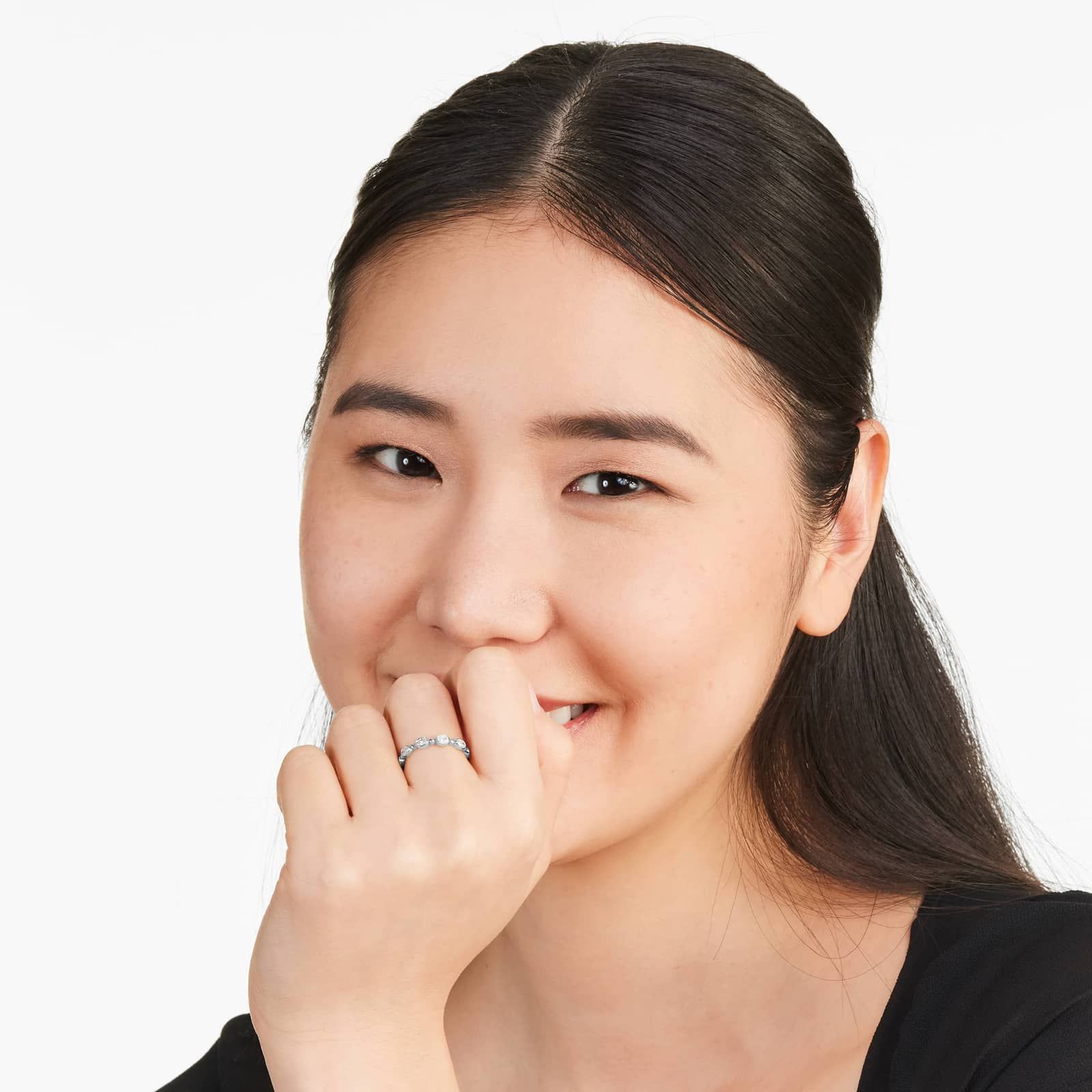 Alternating Bead And Oval Cut Bezel Set Diamond Ring In 14K White Gold