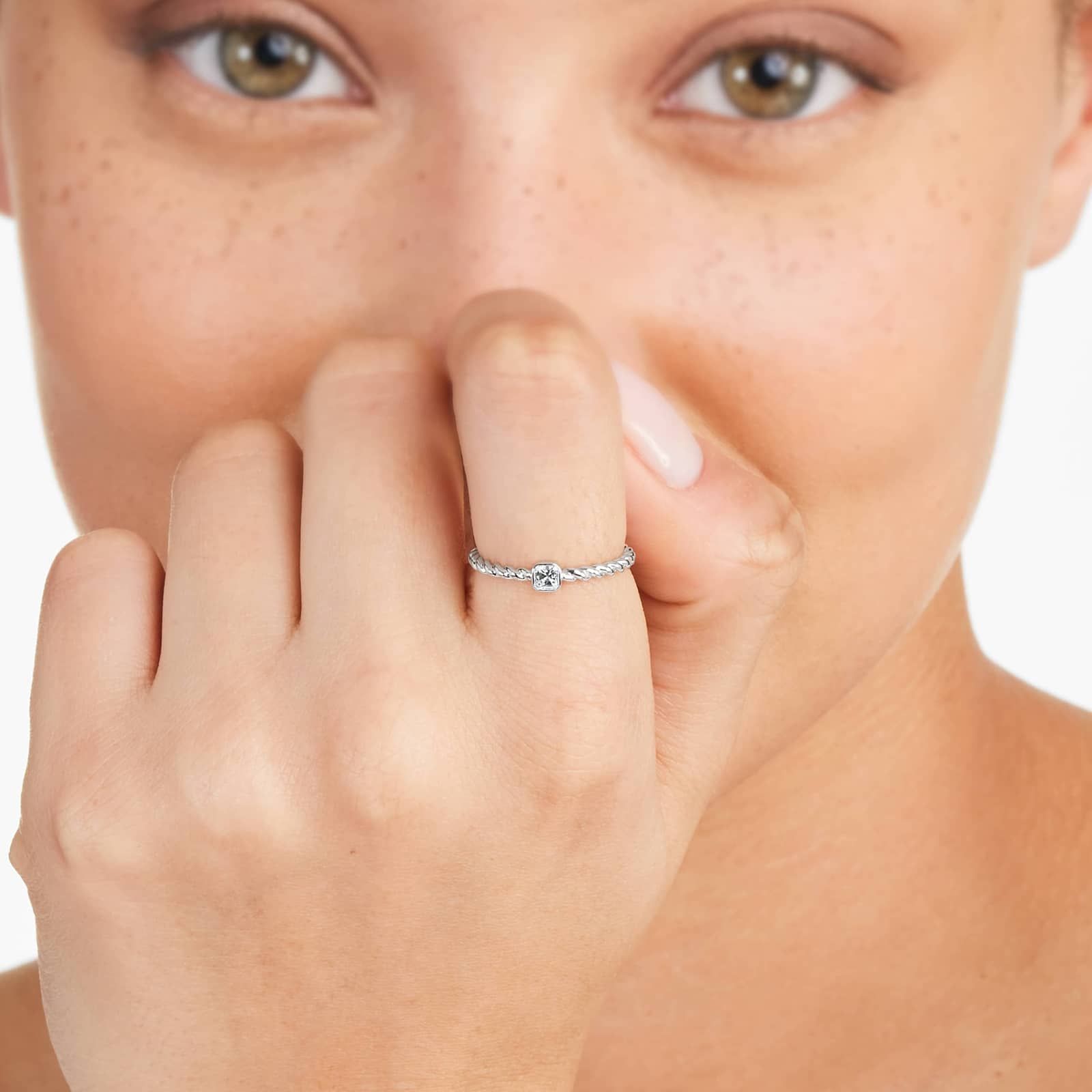 Asscher Cut Diamond Solitaire Cable Ring In 14K White Gold