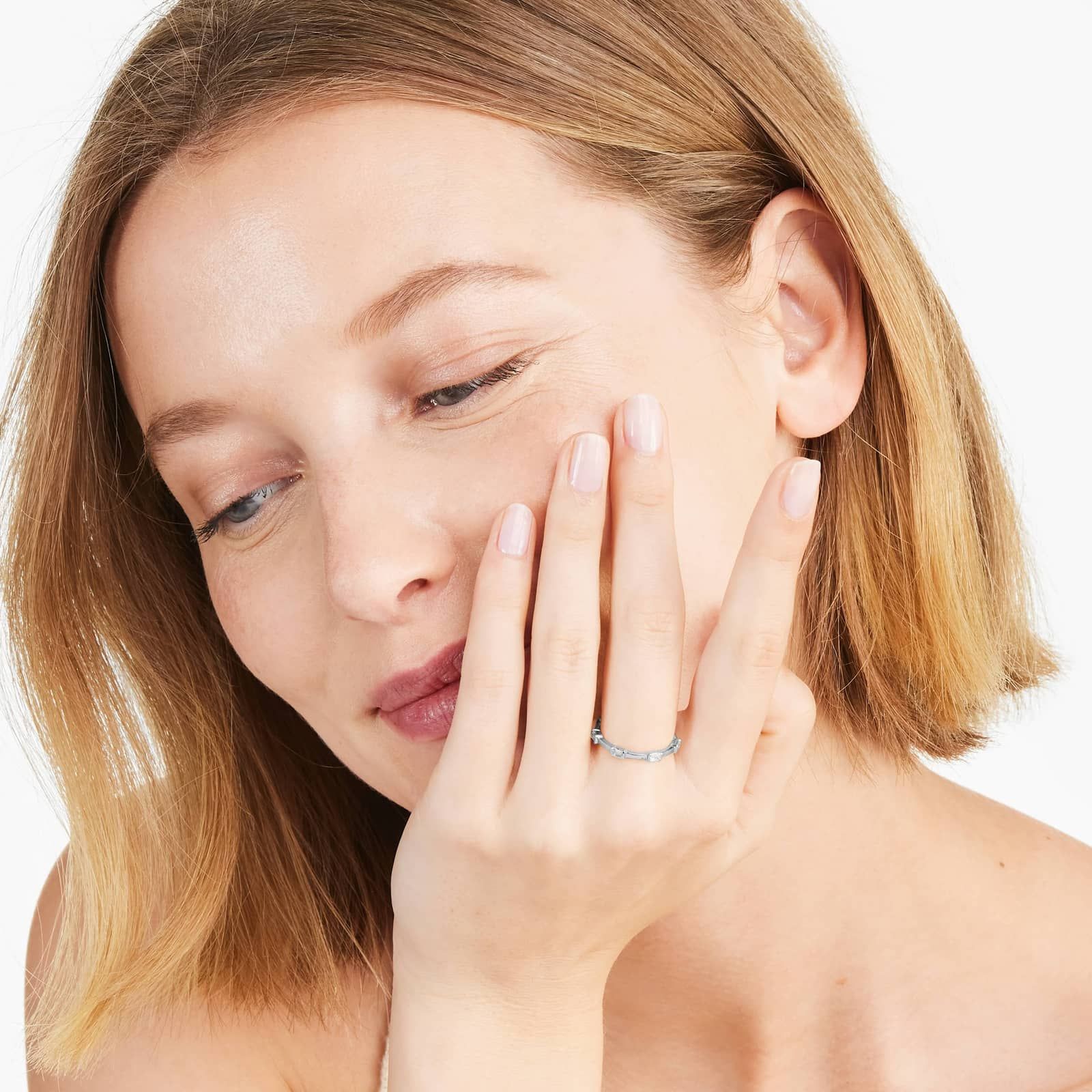 Emerald Cut Diamond Station Ring In 14K White Gold