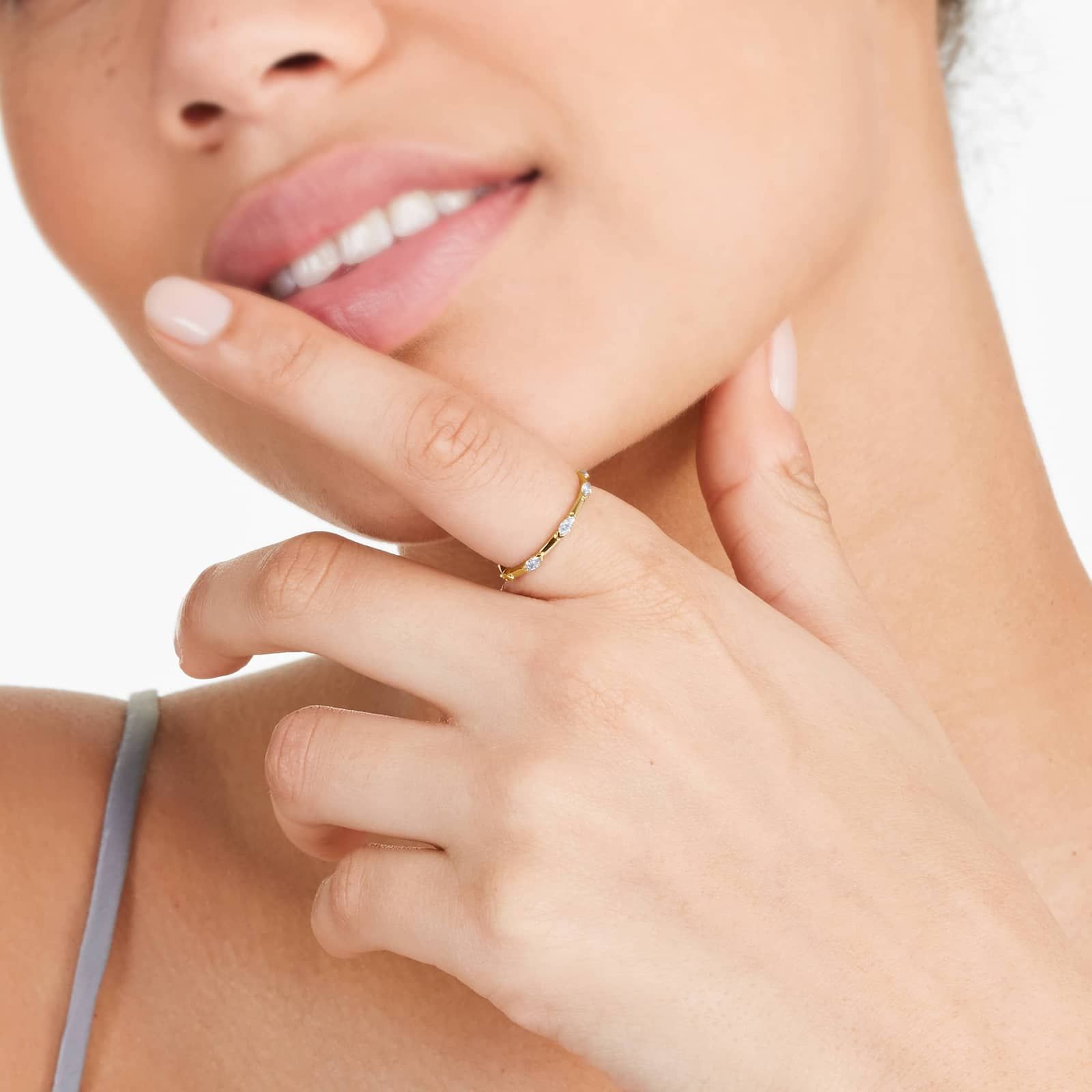 Marquise Cut Diamond Station Ring In 14K Yellow Gold