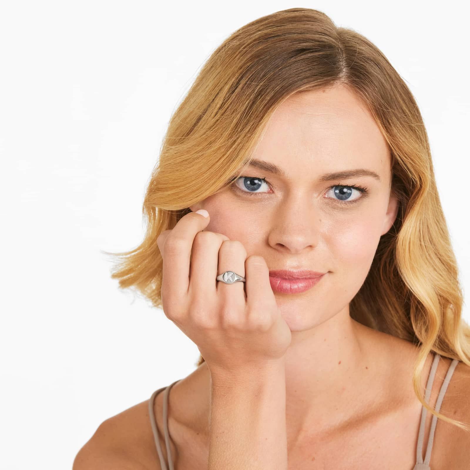 Diamond K Initial Signet Ring In 14K White Gold