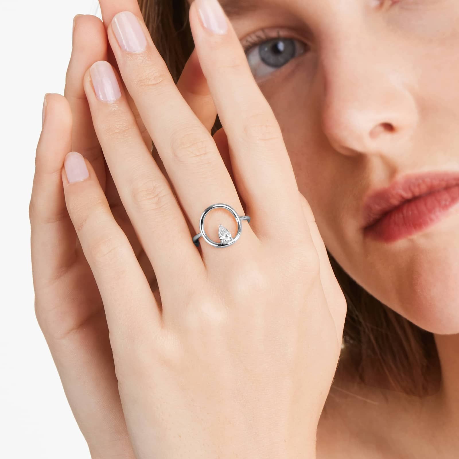 Orbit Pear Shape Diamond Ring In 14K White Gold