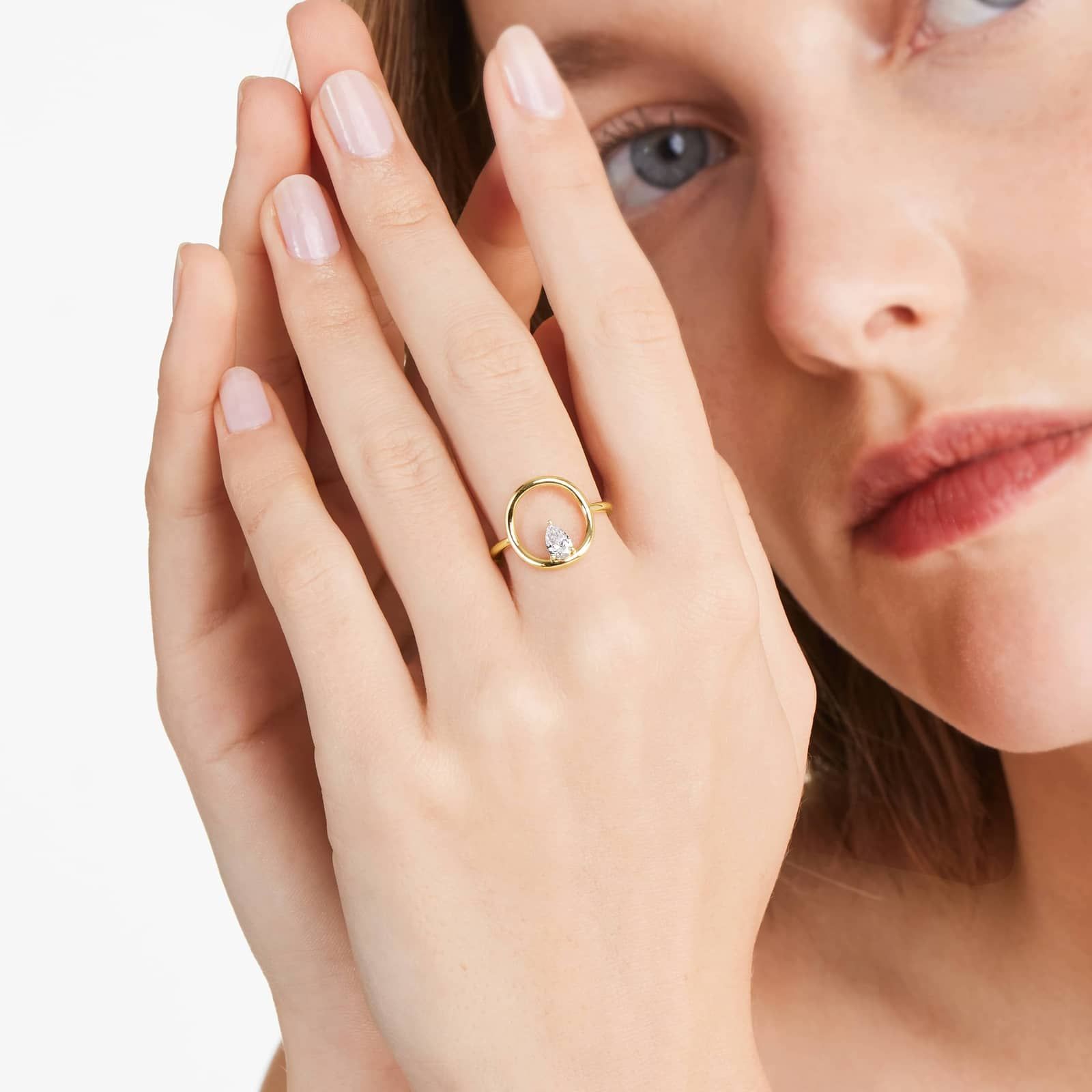 Orbit Pear Shape Diamond Ring In 14K Yellow Gold