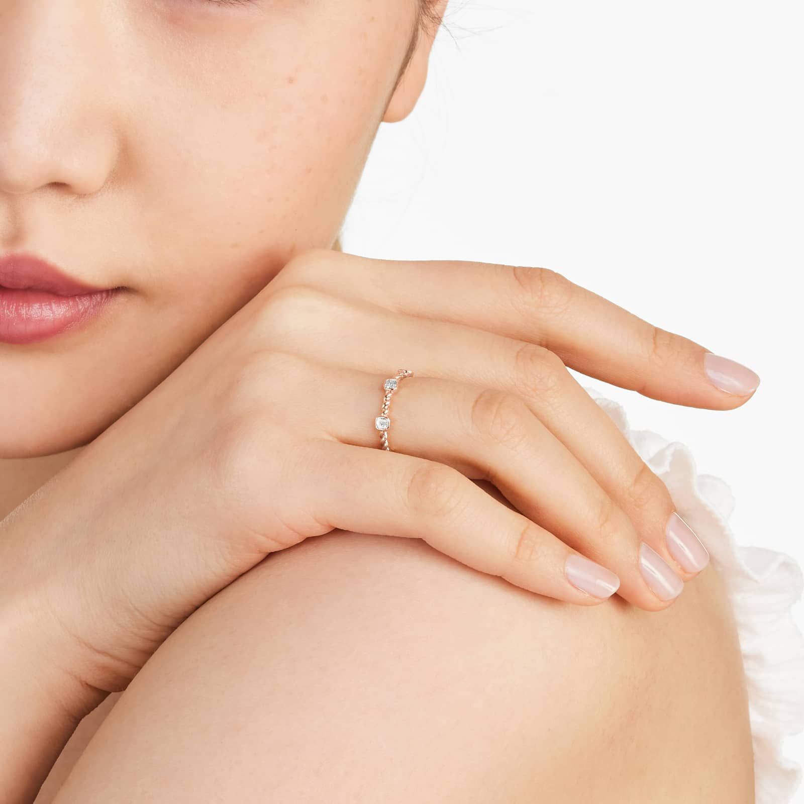 Asscher Cut Diamond Station Cable Ring In 14K Rose Gold