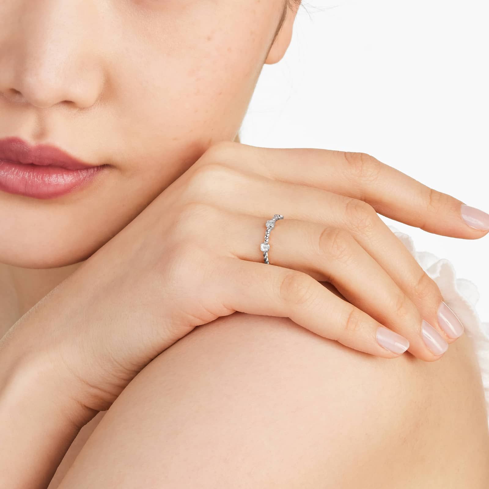 Asscher Cut Diamond Station Cable Ring In 14K White Gold