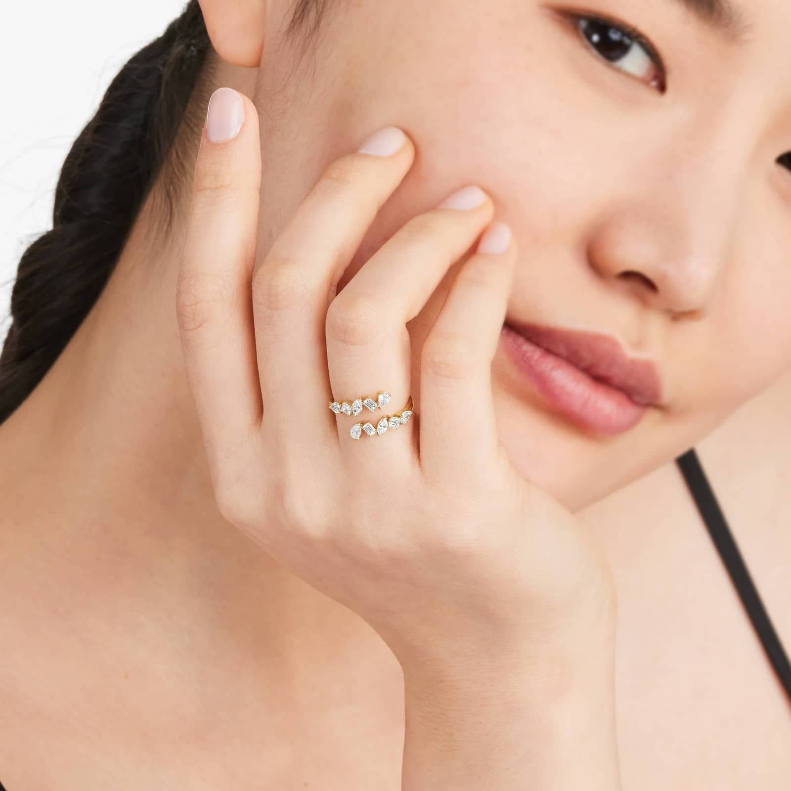 Mixed Diamond Bypass Ring In 14K Yellow Gold