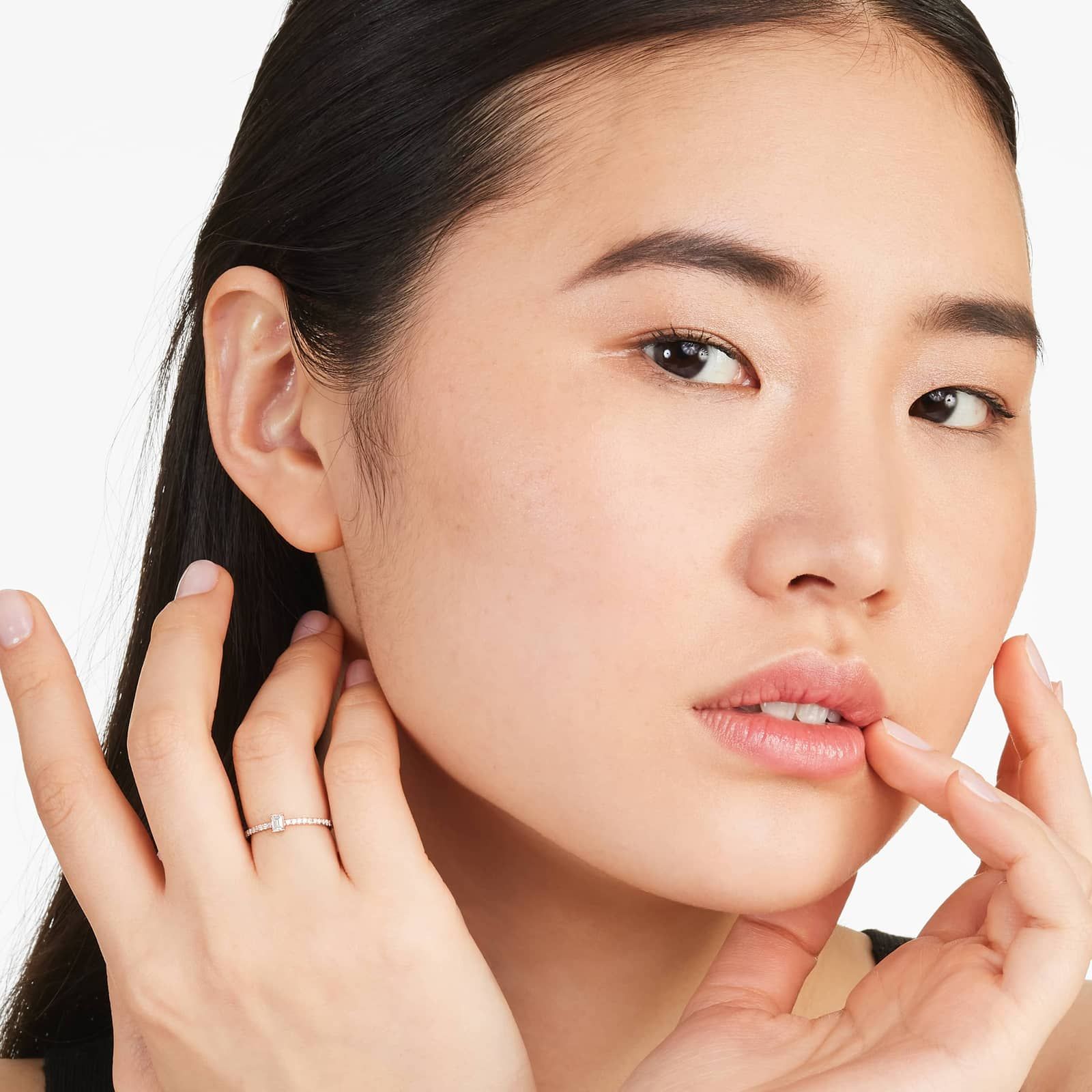 Petite Emerald Cut Diamond Pavé Ring In 14K Rose Gold