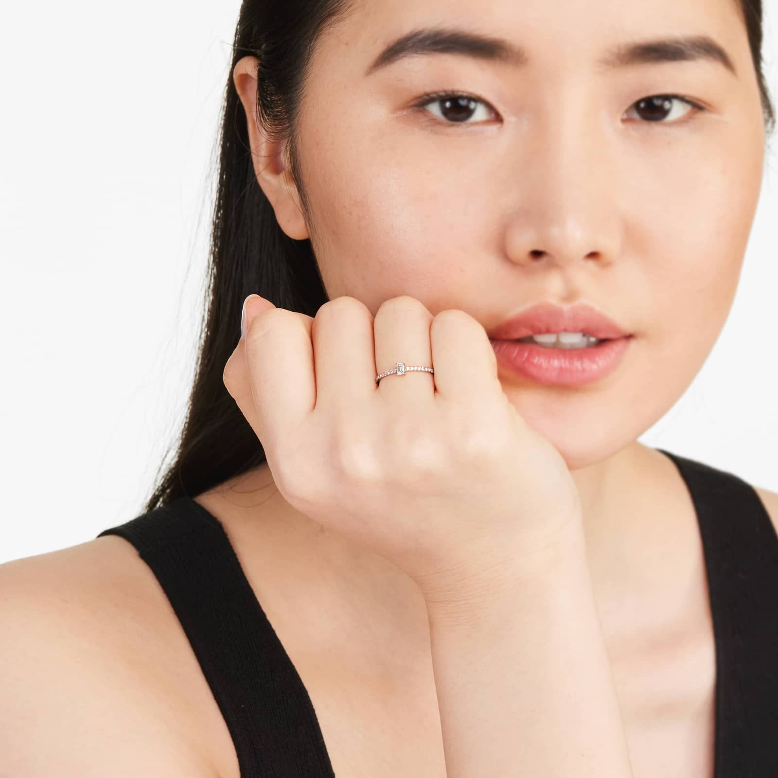 Petite Emerald Cut Diamond Pavé Ring In 14K Rose Gold