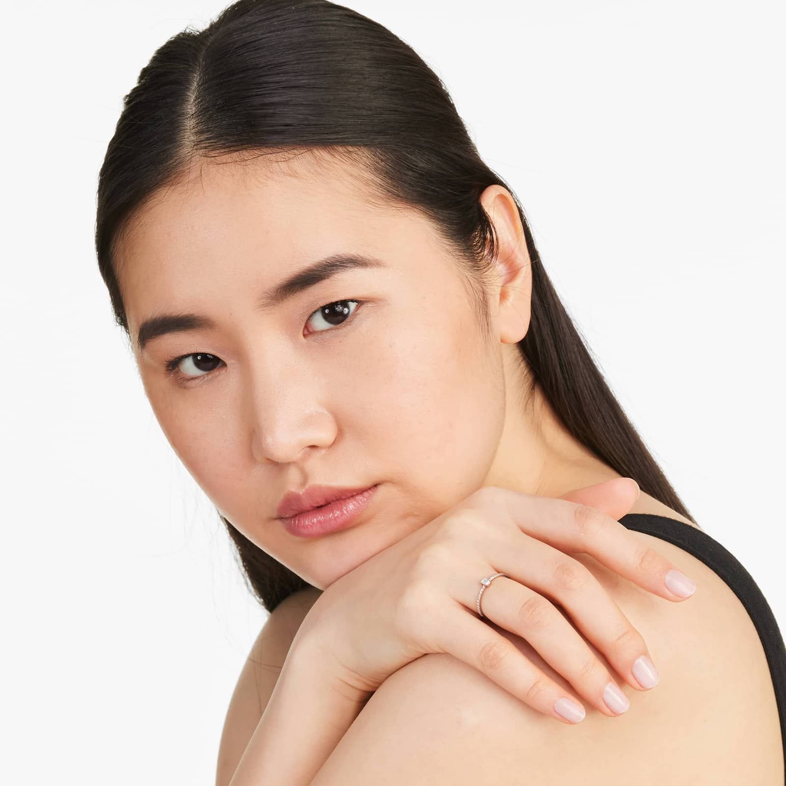 Petite Emerald Cut Diamond Pavé Ring In 14K Rose Gold