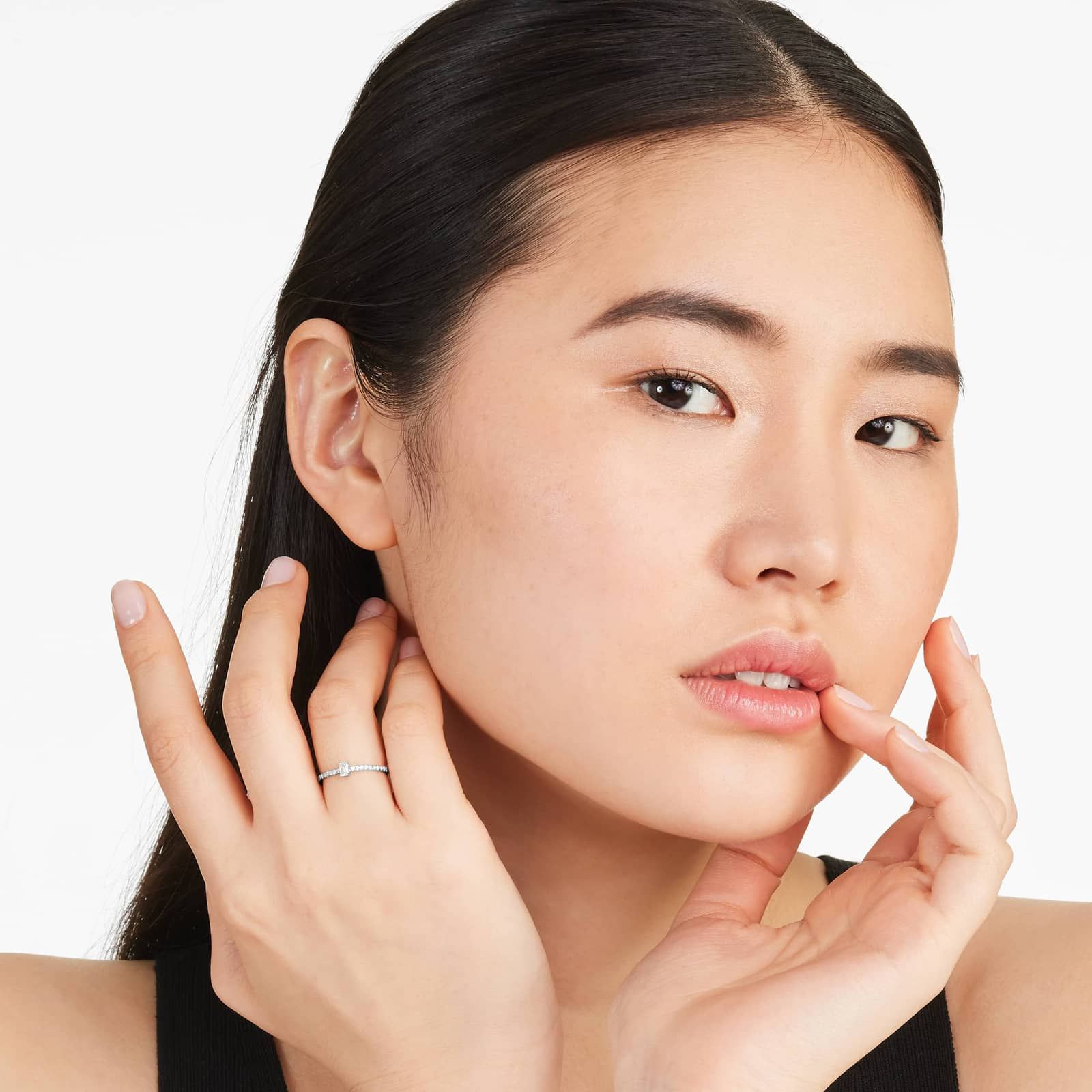 Petite Emerald Cut Diamond Pavé Ring In 14K White Gold