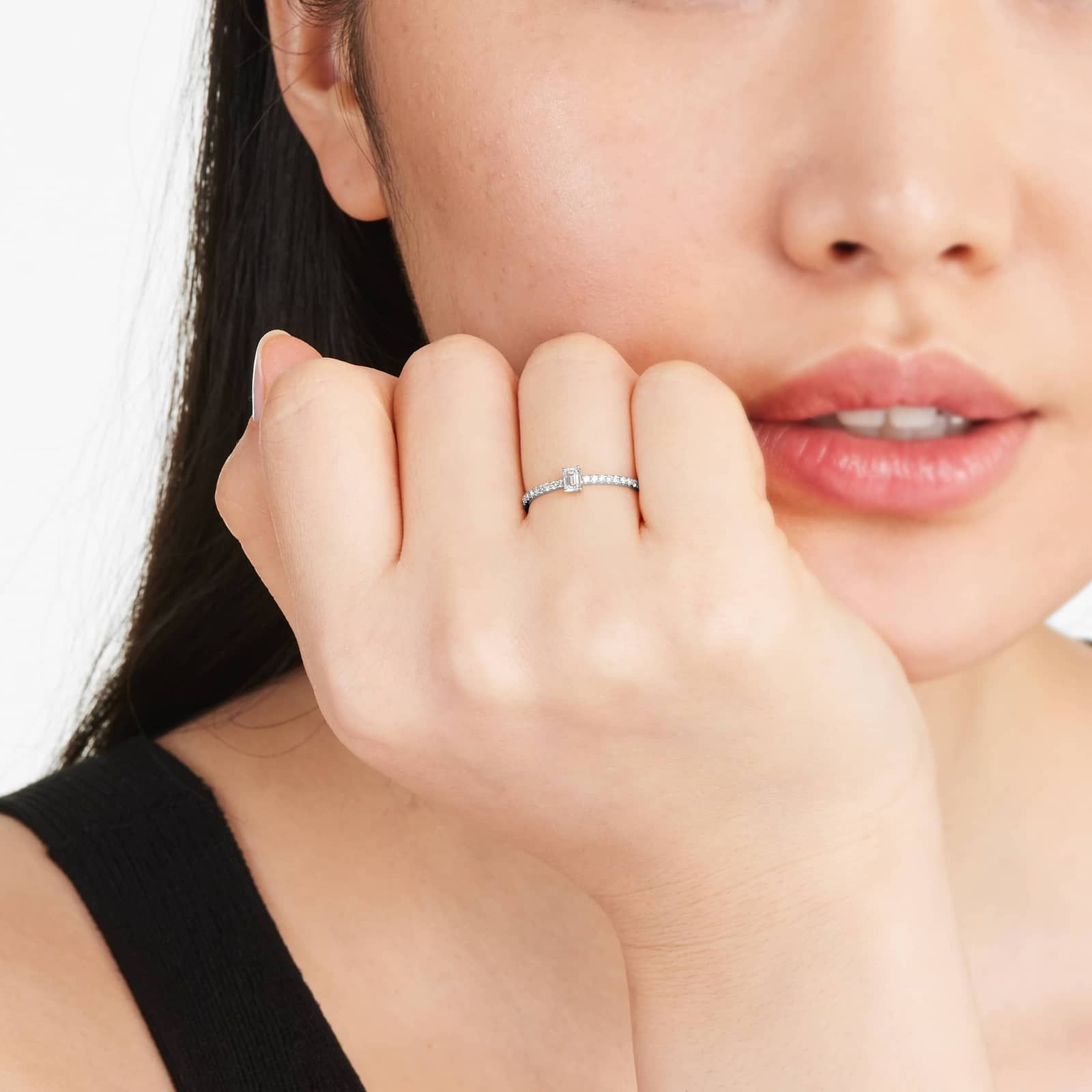 Petite Emerald Cut Diamond Pavé Ring In 14K White Gold