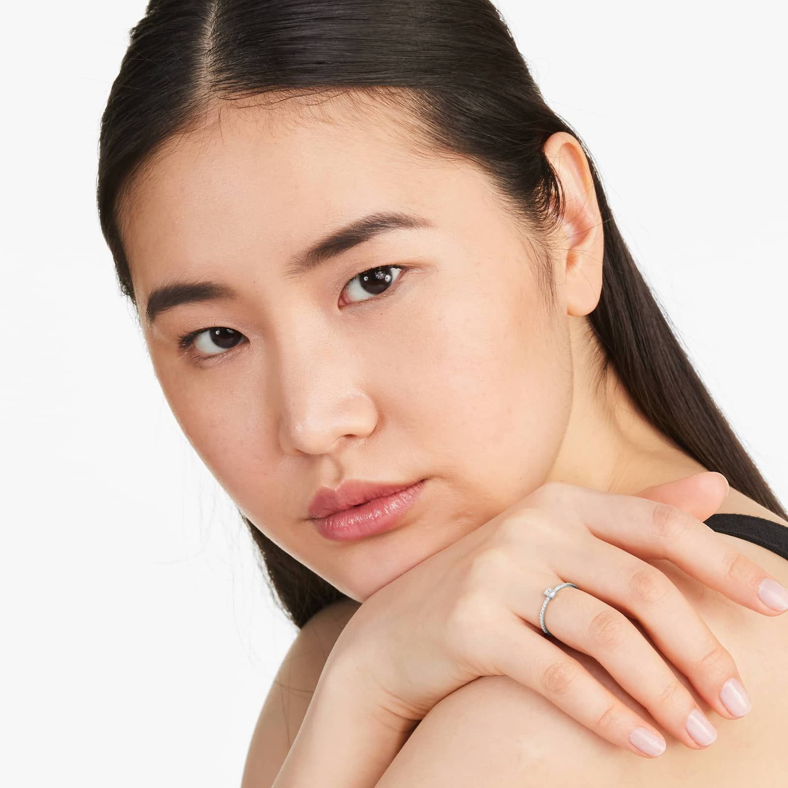 Petite Emerald Cut Diamond Pavé Ring In 14K White Gold