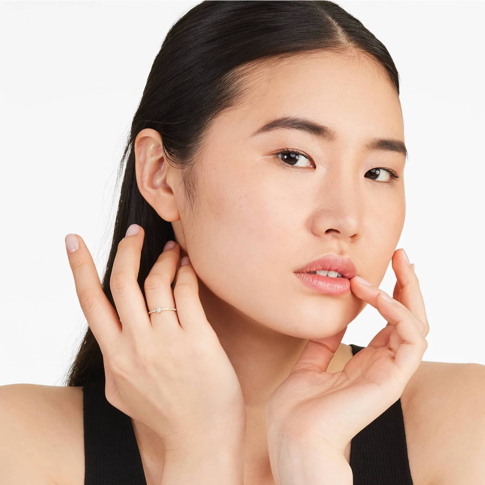 Petite Emerald Cut Diamond Pavé Ring In 14K Yellow Gold