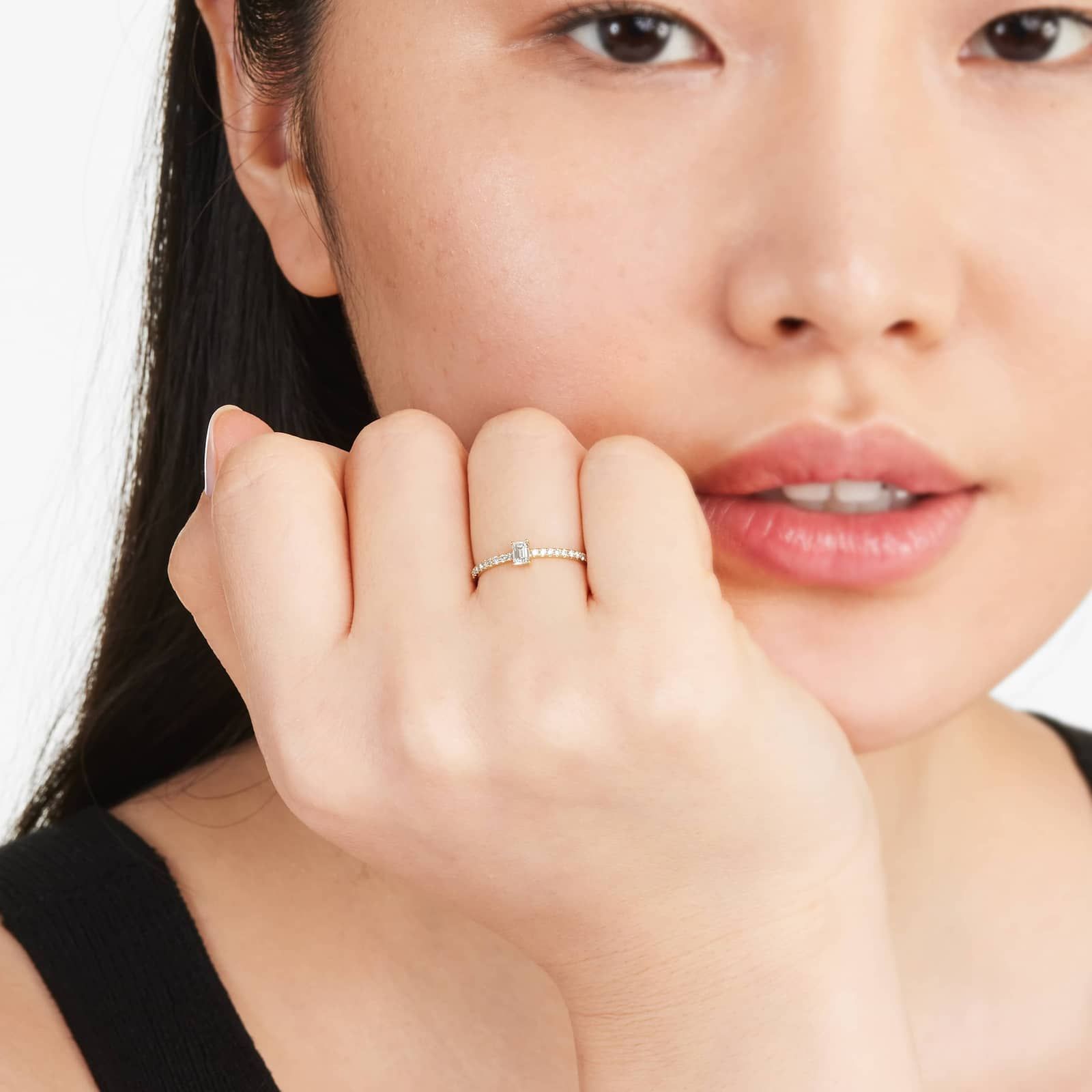 Petite Emerald Cut Diamond Pavé Ring In 14K Yellow Gold