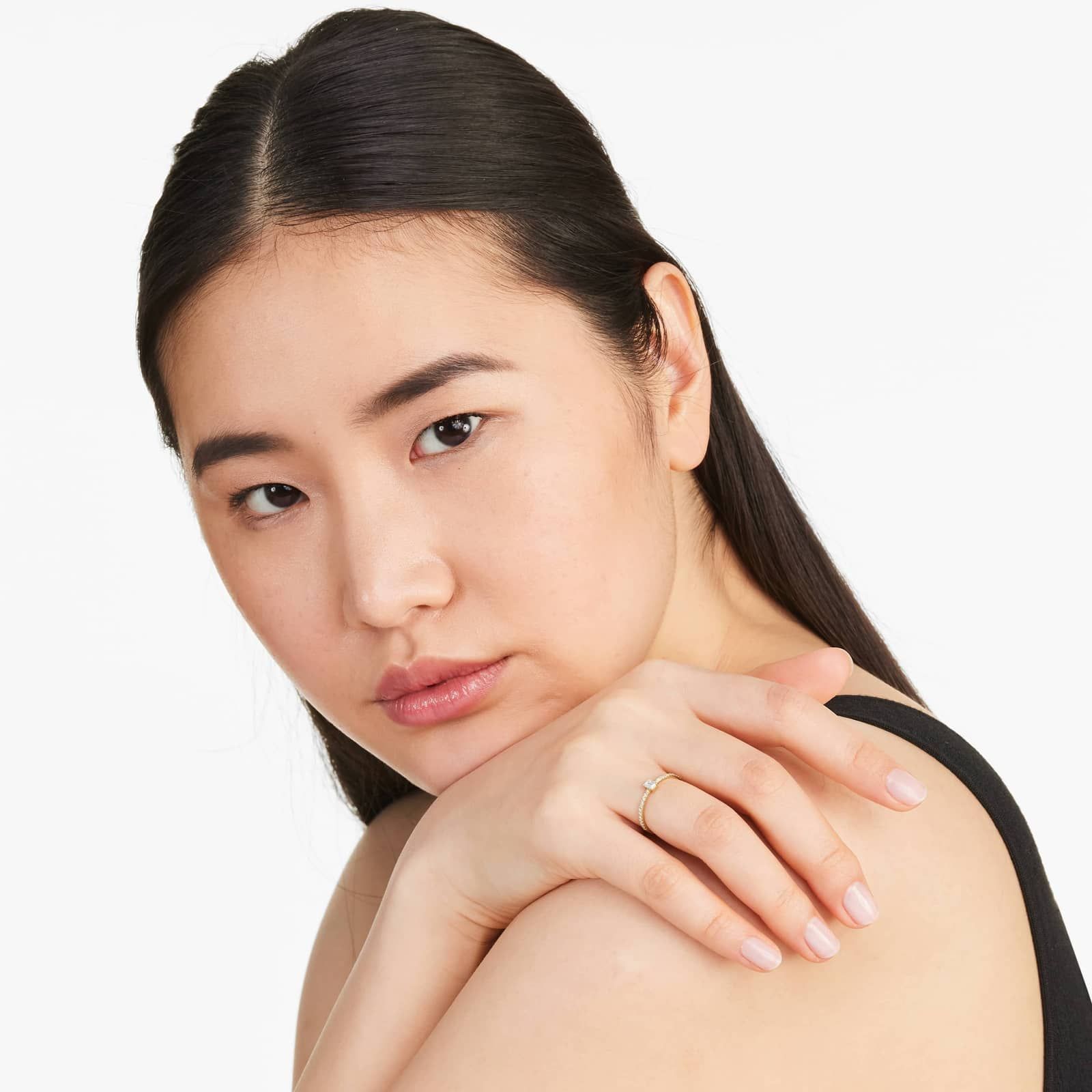 Petite Emerald Cut Diamond Pavé Ring In 14K Yellow Gold