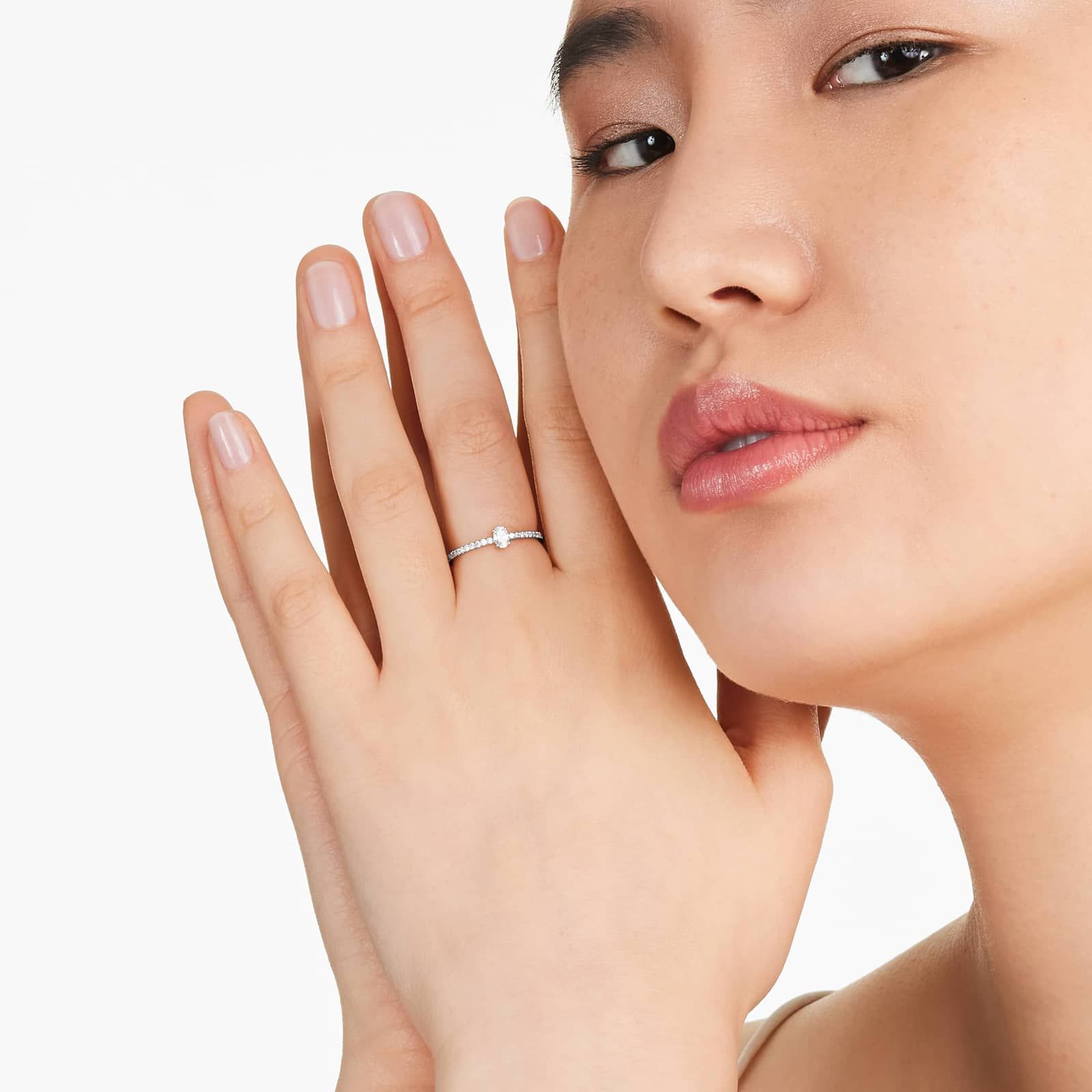 Petite Oval Cut Diamond Pavé Ring In 14K White Gold