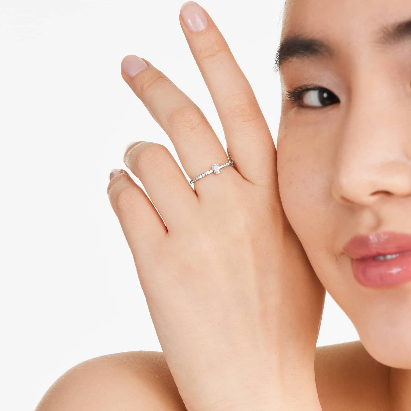 Petite Oval Cut Diamond Pavé Ring In 14K White Gold