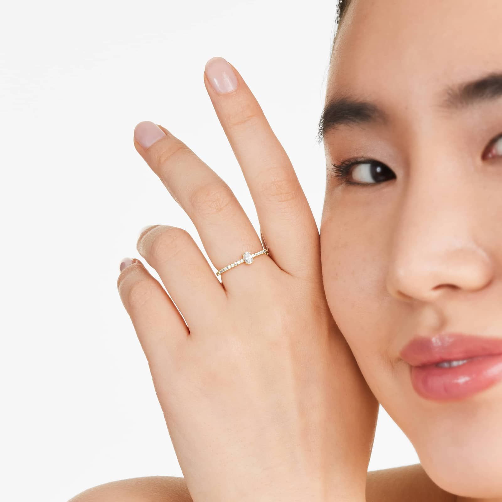 Petite Oval Cut Diamond Pavé Ring In 14K Yellow Gold