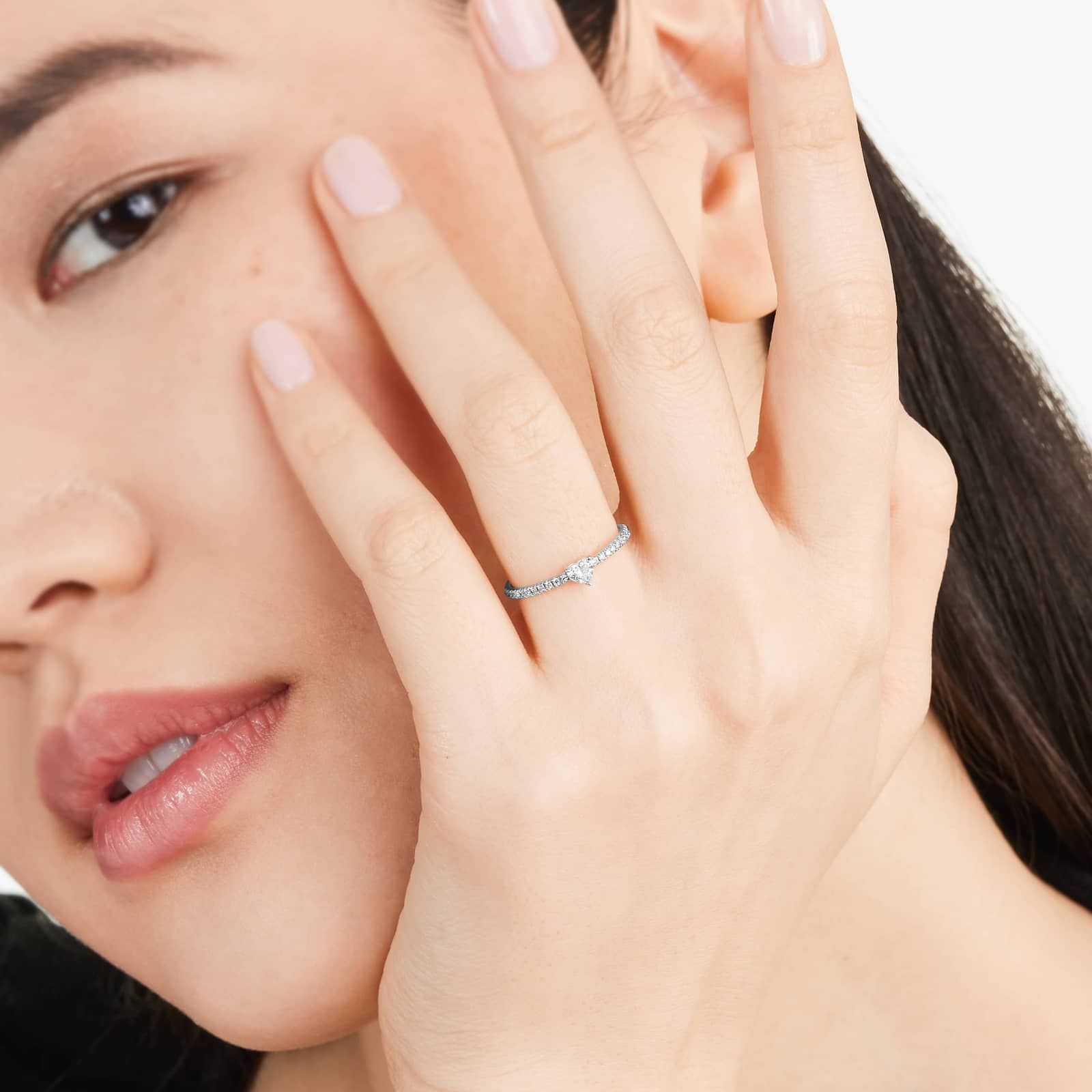 Petite Heart Shape Diamond Pavé Ring In 14K White Gold