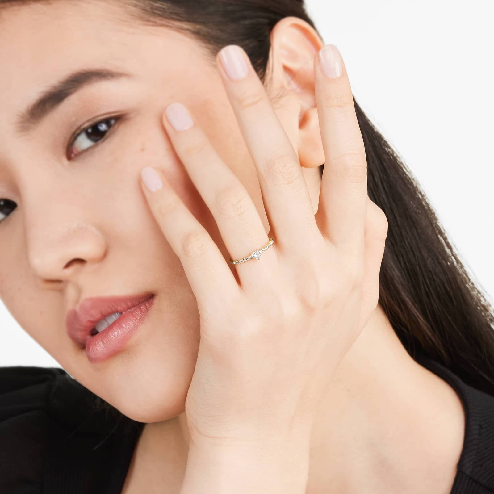 Petite Heart Shape Diamond Pavé Ring In 14K Yellow Gold