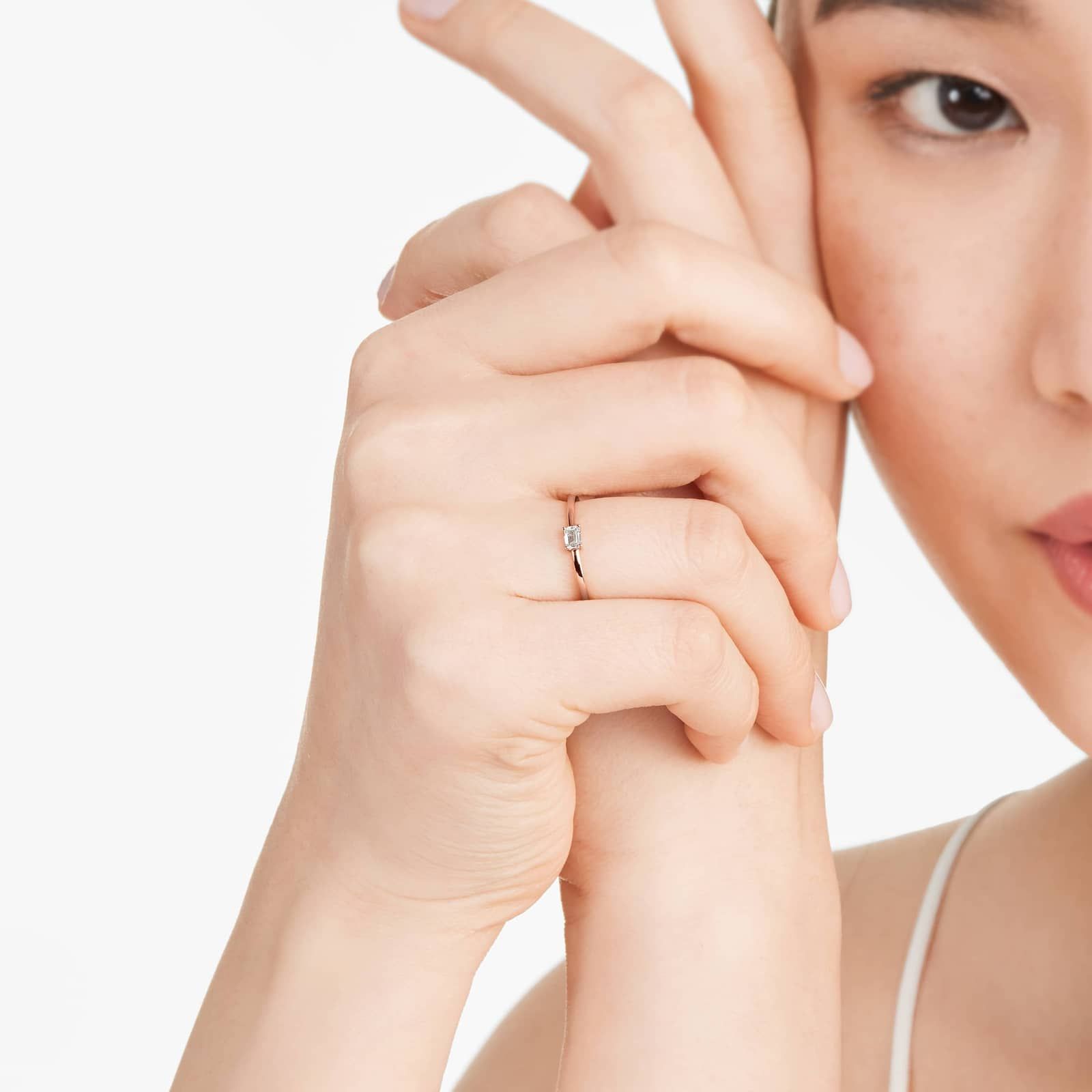 Petite Emerald Cut Solitaire Diamond Ring In 14K Rose Gold