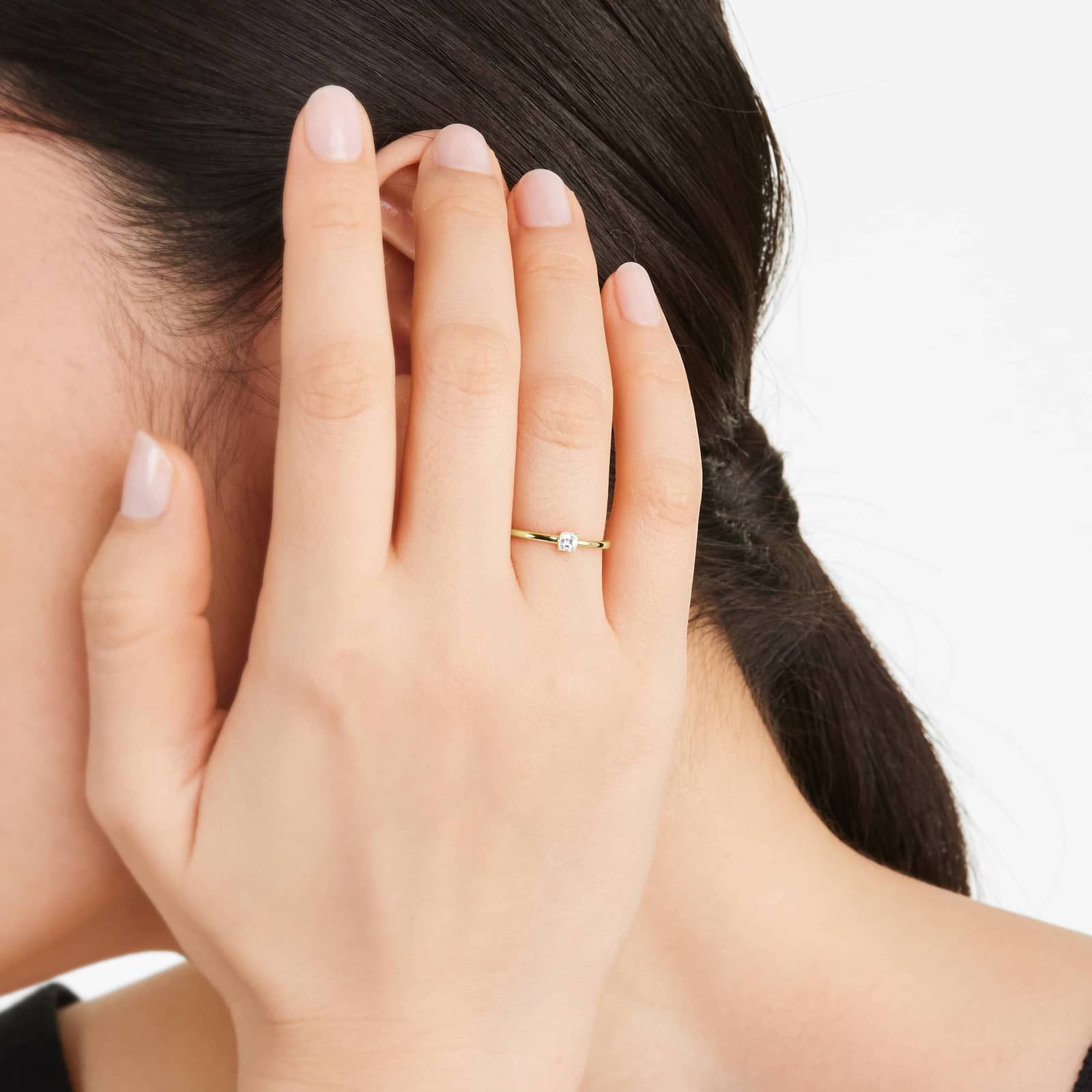 Petite Asscher Cut Solitaire Diamond Ring In 14K Yellow Gold