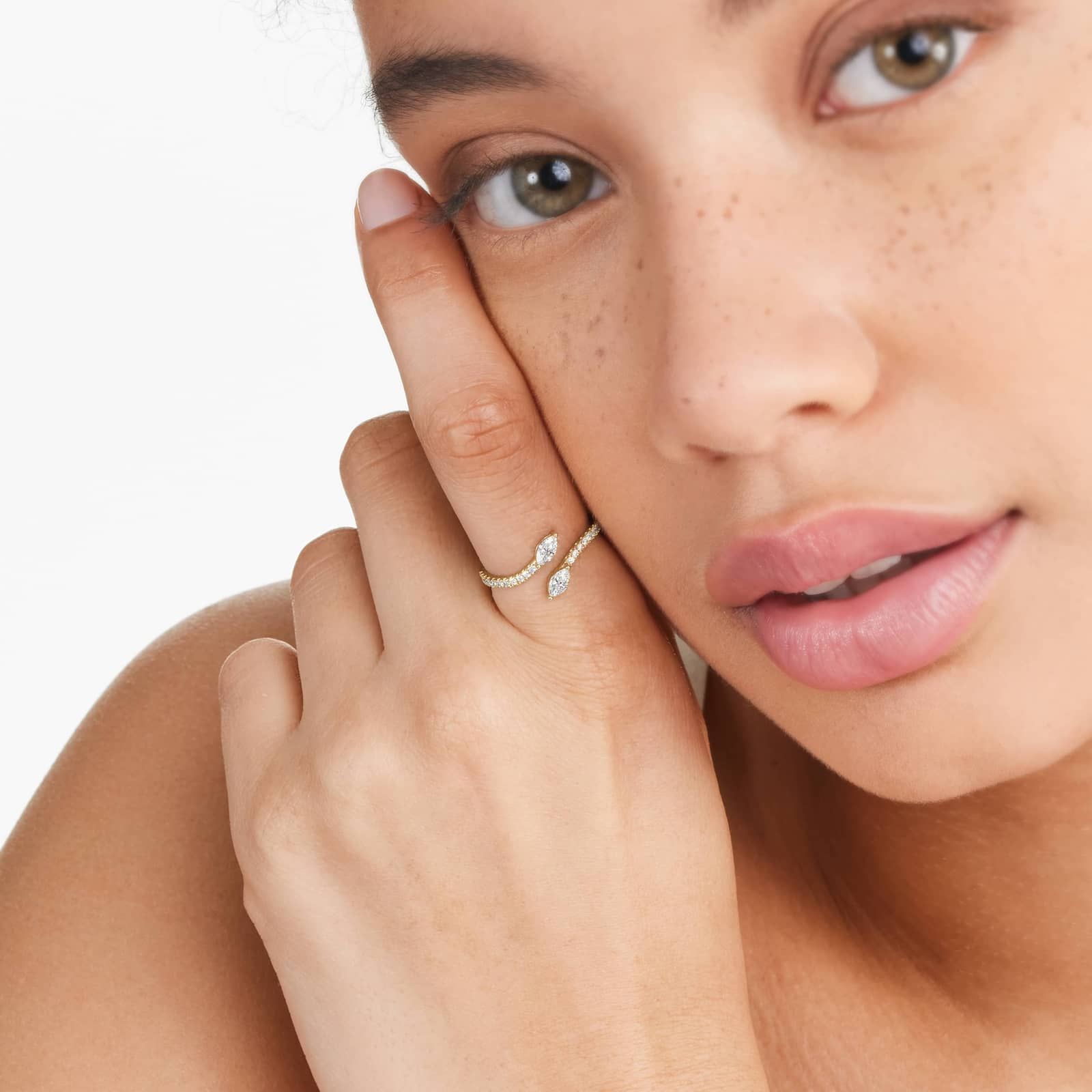 Marquise Cut Diamond Pavé Bypass Ring In 14K Yellow Gold