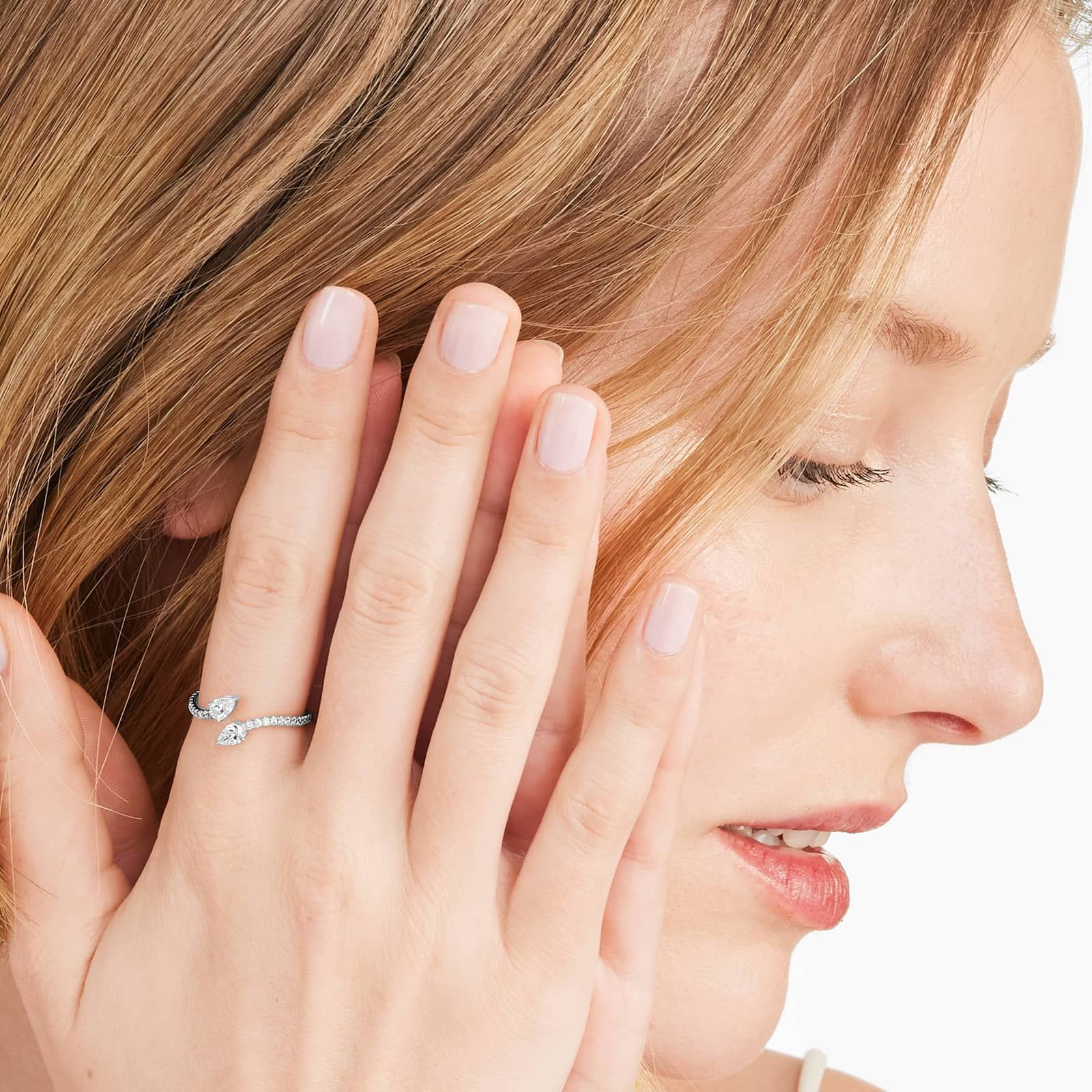 Pear Shape Diamond Pavé Bypass Ring In 14K White Gold