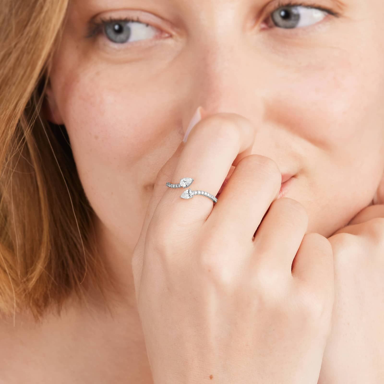 Pear Shape Diamond Pavé Bypass Ring In 14K White Gold